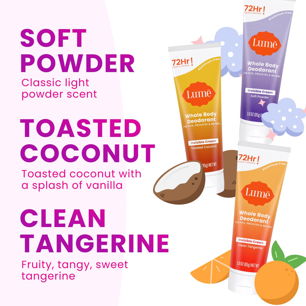 Lume Whole Body Deodorant Invisible Cream Tube Pack of 3 | 72-Hour Odor Control | Aluminum & Baking Soda Free | Toasted Coconut, Soft Powder & Clean Tangerine