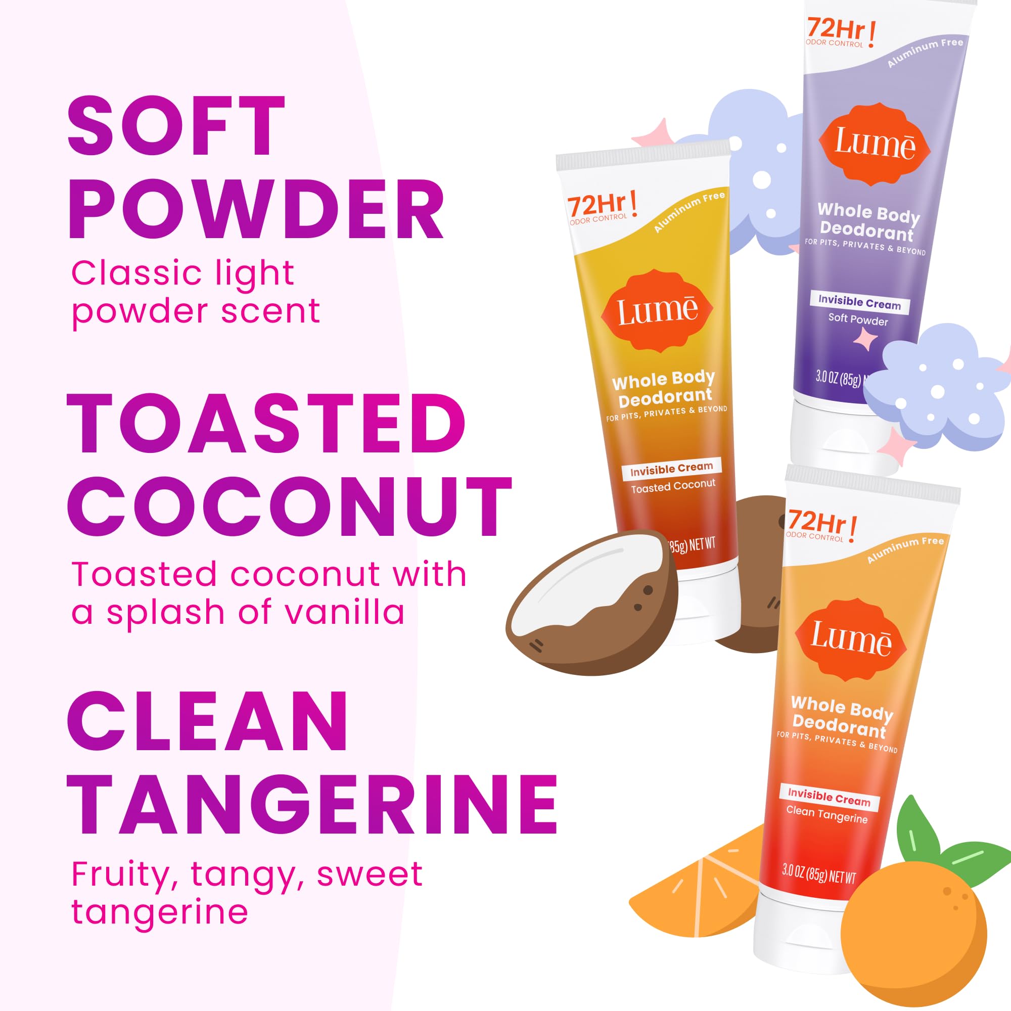 Lume Whole Body Deodorant Invisible Cream Tube Pack of 3 | 72-Hour Odor Control | Aluminum & Baking Soda Free | Toasted Coconut, Soft Powder & Clean Tangerine