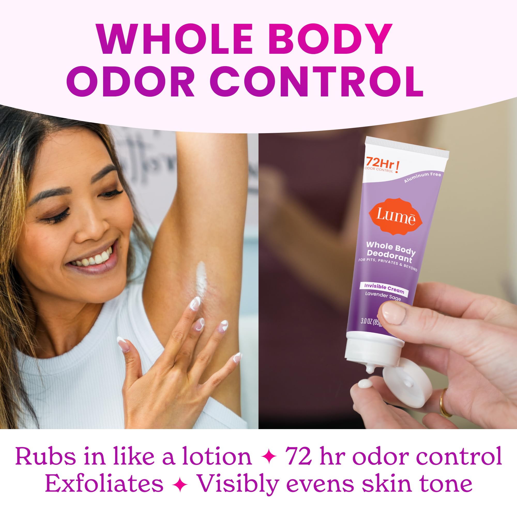 Lume Whole Body Deodorant - Lavender Sage | 72 Hour Odor Control, Aluminum Free & Baking Soda Free, 3 oz Tube (Pack of 2)