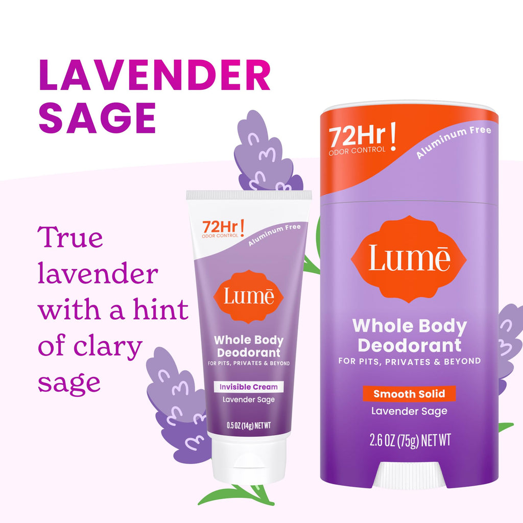 Lume Whole Body Deodorant Bundle — Invisible Cream Mini + Solid Stick (Lavender Sage) | 72-Hour Odor Control, Aluminum & Baking Soda Free