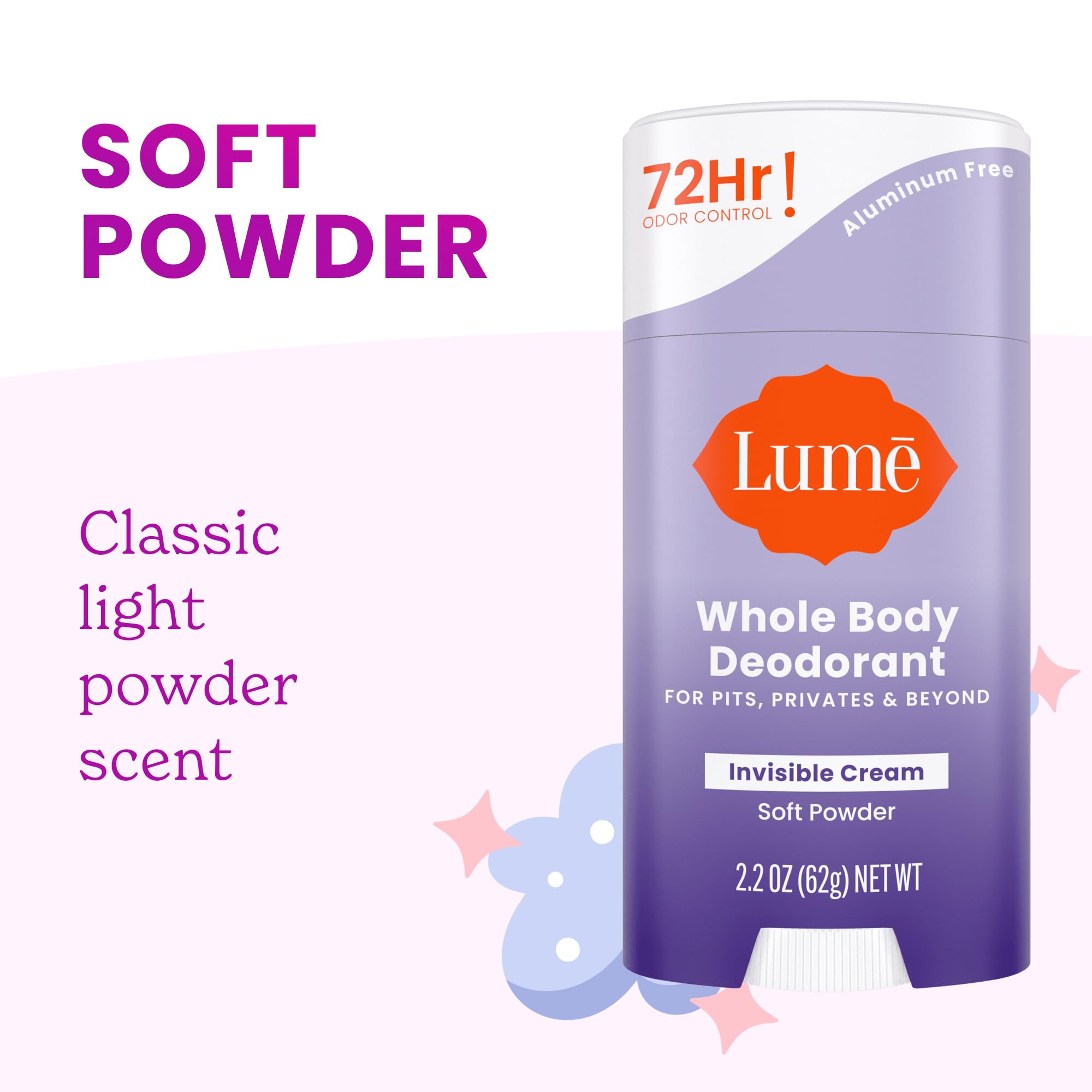 Lume Whole Body Deodorant - Invisible Cream Stick | 72HR Odor Control | Aluminum & Baking Soda Free | Soft Powder & Clean Tangerine | 2 Pack