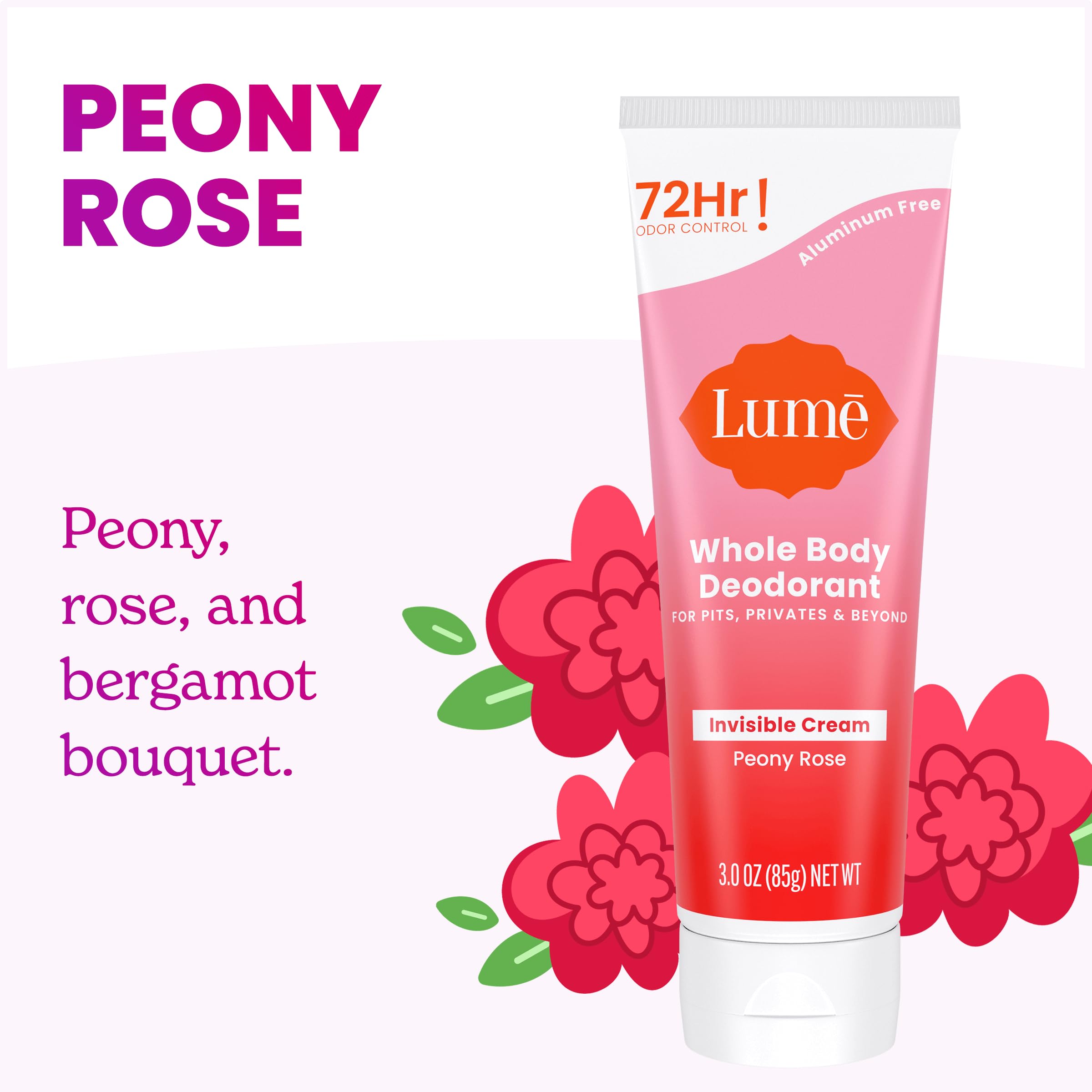 Lume Whole Body Deodorant - Peony Rose Invisible Cream - 72-Hour Odor Control - Aluminum & Baking Soda Free - 3.0 oz Pack of 2