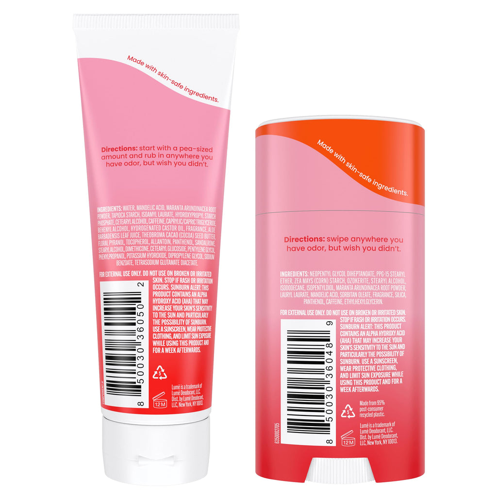 Lume Whole Body Deodorant - Invisible Cream & Solid Bundle | 72-Hour Odor Control | Aluminum Free, Baking Soda Free, Skin Safe - Peony Rose