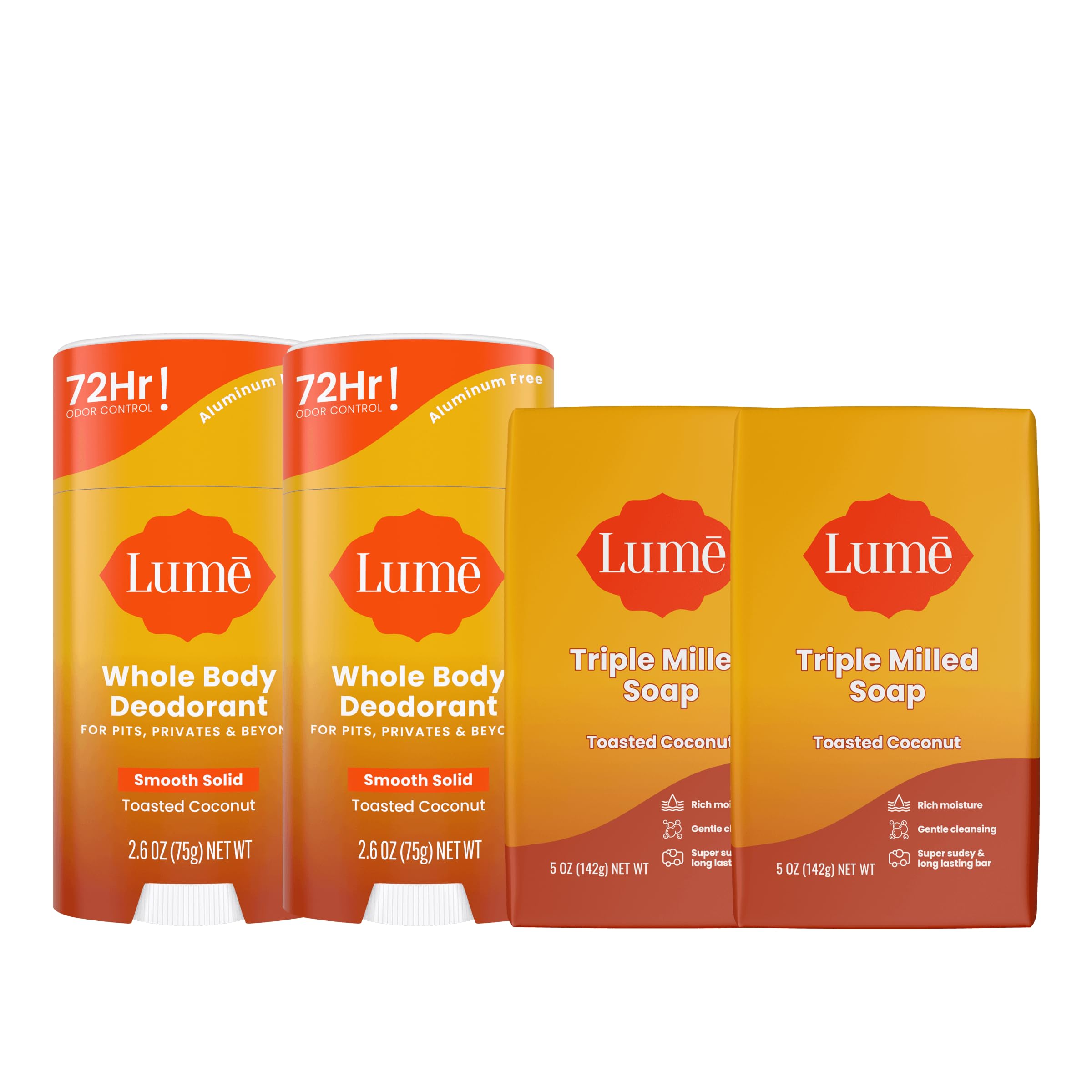 Lume Whole Body Deodorant & Soap – Aluminum-Free, Baking Soda Free, Toasted Coconut (2x 2.6 oz Sticks + 2x 5 oz Soaps)
