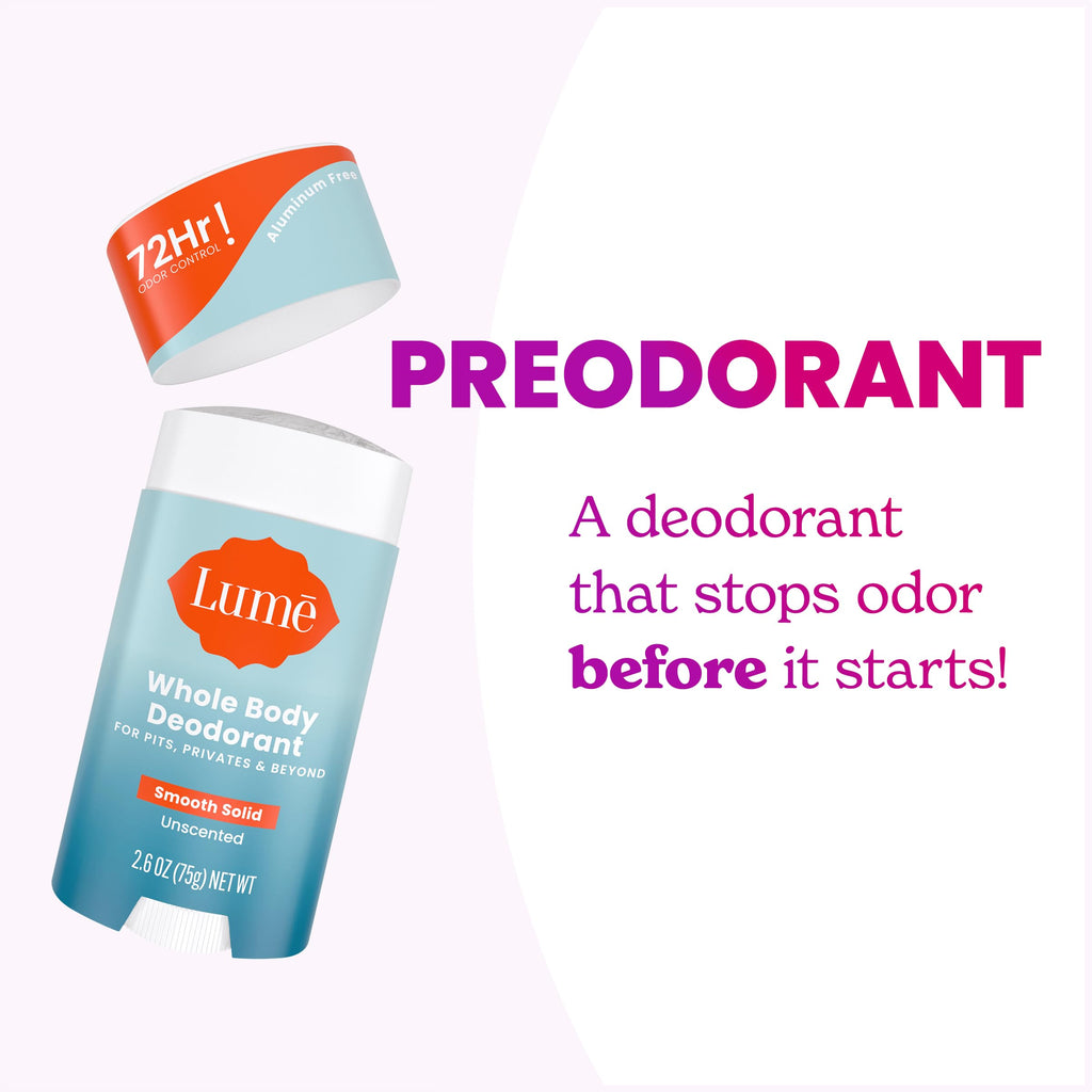 Lume Whole Body Deodorant - Unscented Smooth Solid Stick, 72 Hour Odor Control, Aluminum & Baking Soda Free - Pack of 3 (2.6 oz each)