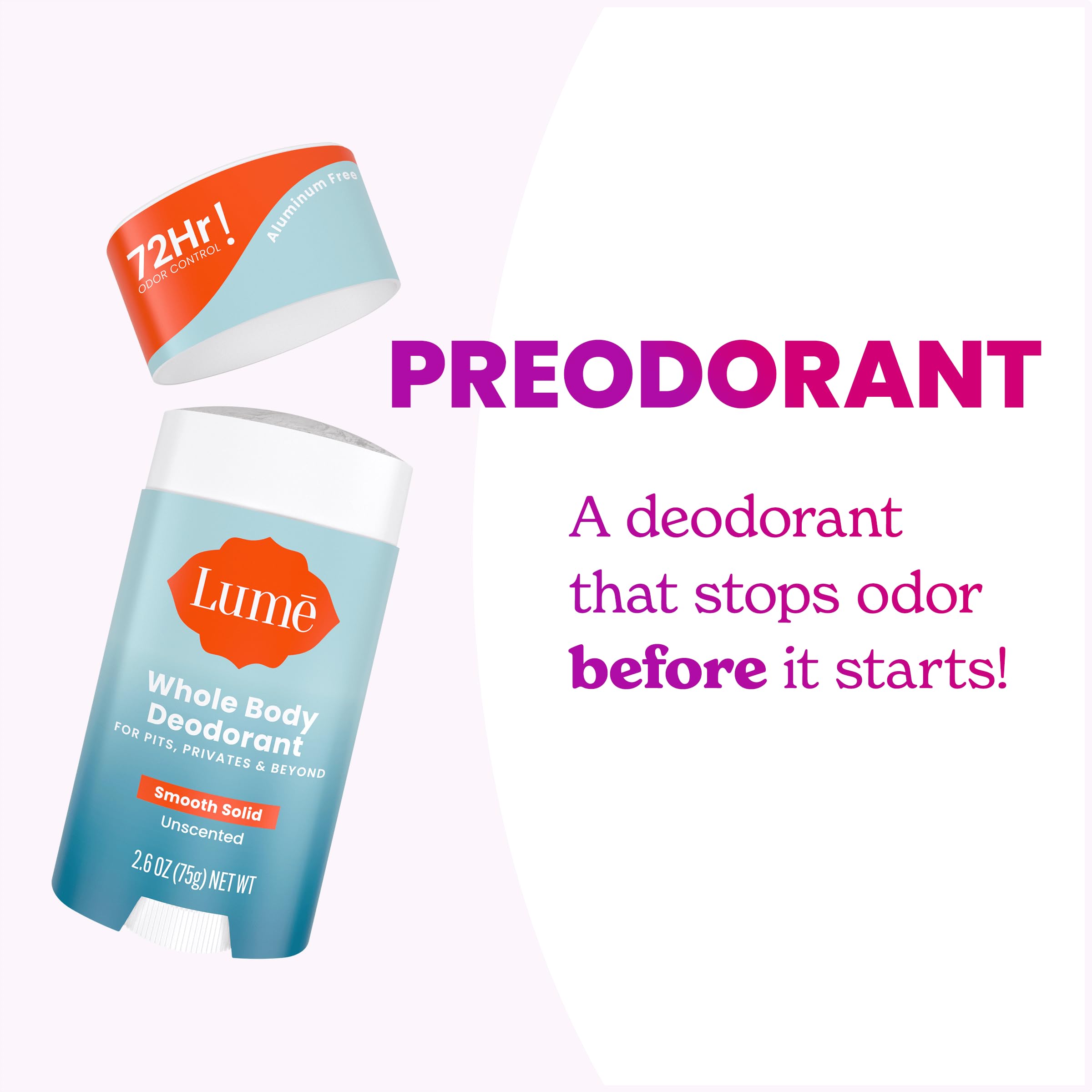 Lume Whole Body Deodorant - Unscented Smooth Solid Stick, 72 Hour Odor Control, Aluminum & Baking Soda Free - Pack of 3 (2.6 oz each)