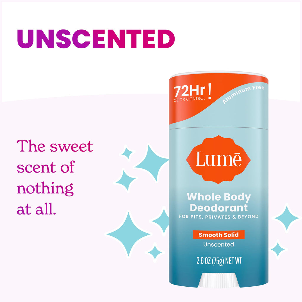 Lume Whole Body Deodorant - Unscented Smooth Solid Stick, 72 Hour Odor Control, Aluminum & Baking Soda Free - Pack of 3 (2.6 oz each)