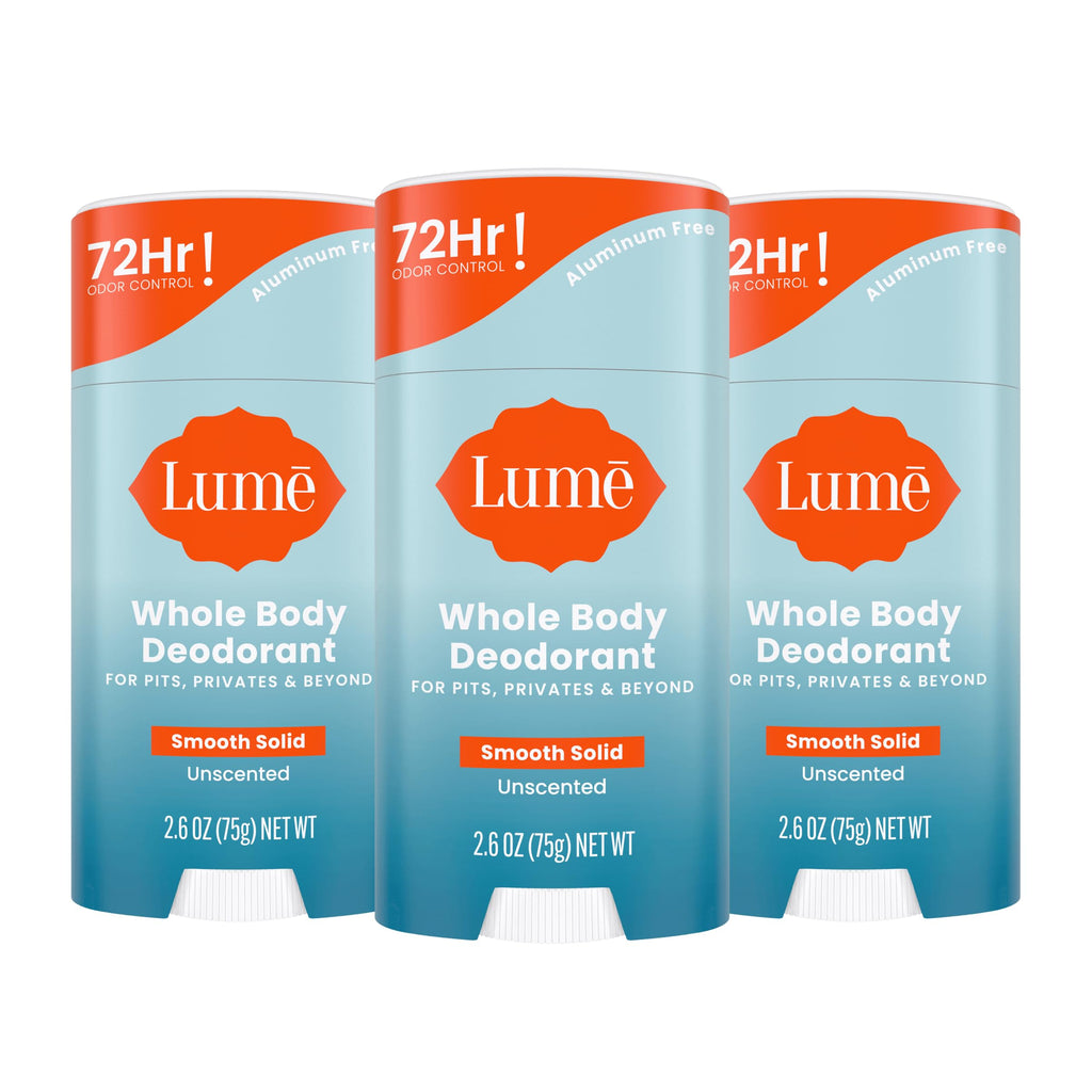 Lume Whole Body Deodorant - Unscented Smooth Solid Stick, 72 Hour Odor Control, Aluminum & Baking Soda Free - Pack of 3 (2.6 oz each)