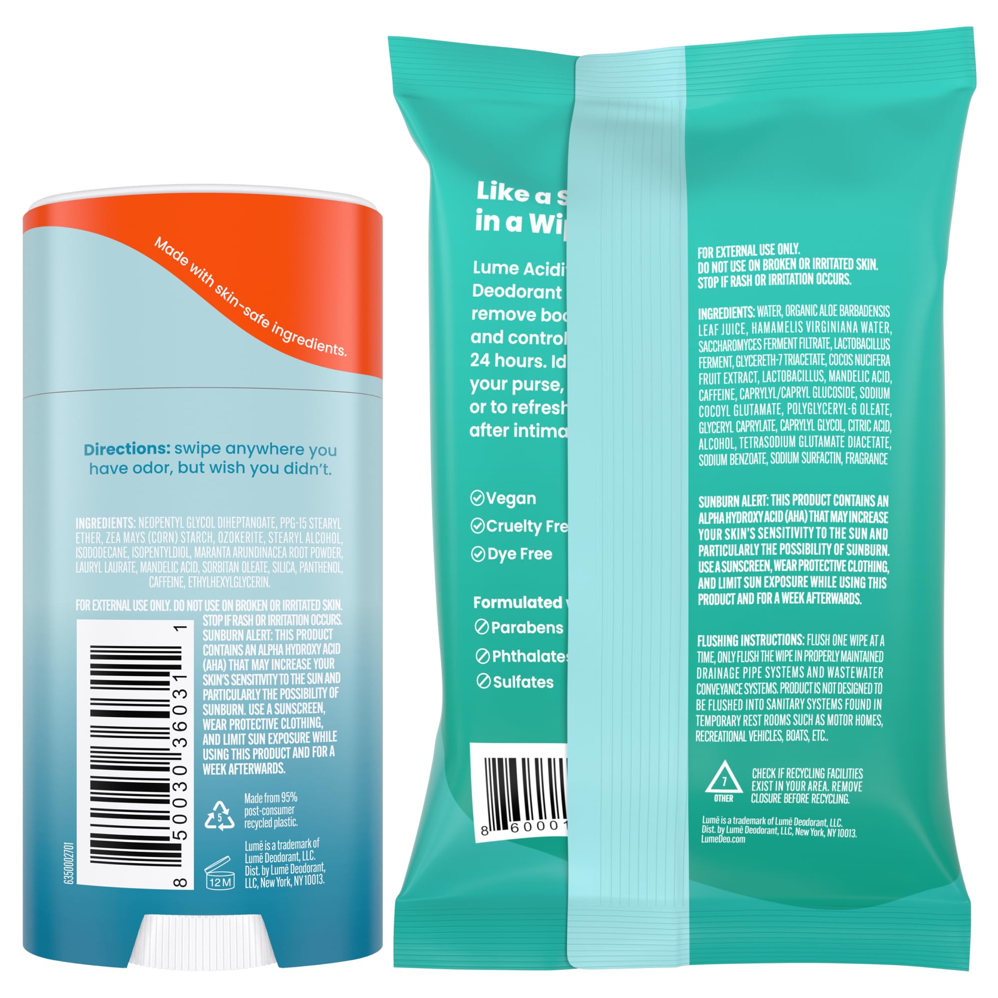 Lume Whole Body Deodorant – Unscented Stick + Flushable Wipes | Doctor Developed, Aluminum & Baking Soda Free