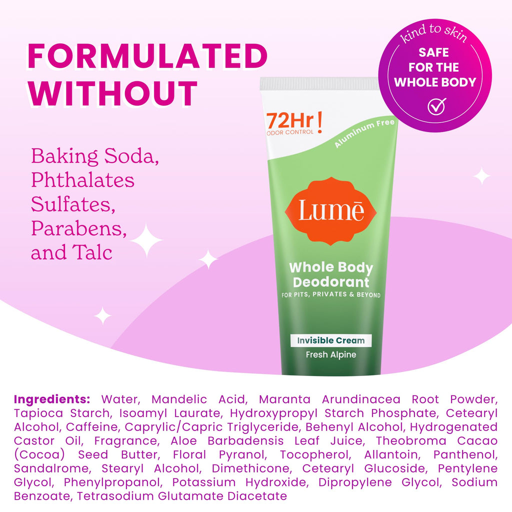 Lume Whole Body Deodorant - Invisible Cream Tube (3 oz) | 72-Hour Odor Control | Aluminum & Baking Soda Free - Fresh Alpine