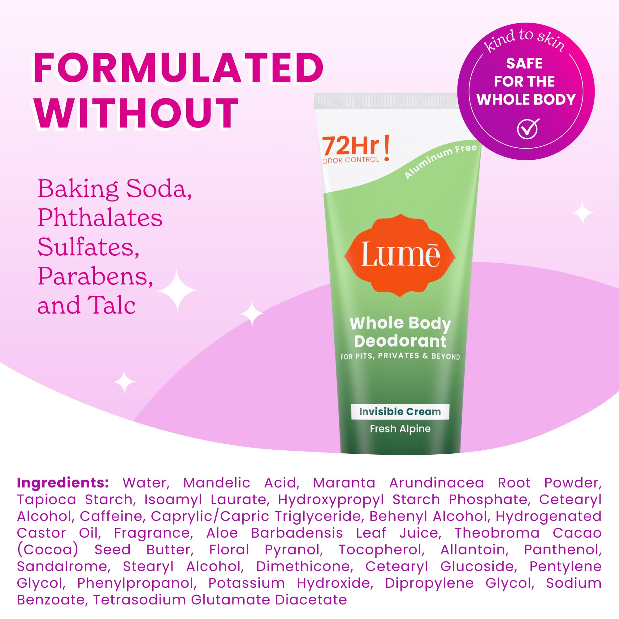 Lume Whole Body Deodorant - Invisible Cream Tube (3 oz) | 72-Hour Odor Control | Aluminum & Baking Soda Free - Fresh Alpine