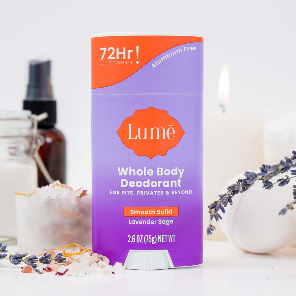 Lume Whole Body Deodorant and Soap — Lavender Sage, Aluminum- and Baking Soda-Free, 72-Hour Odor Control (2-Pack Deodorant Sticks) + 5 oz Triple-Milled Soap (2 Bars)
