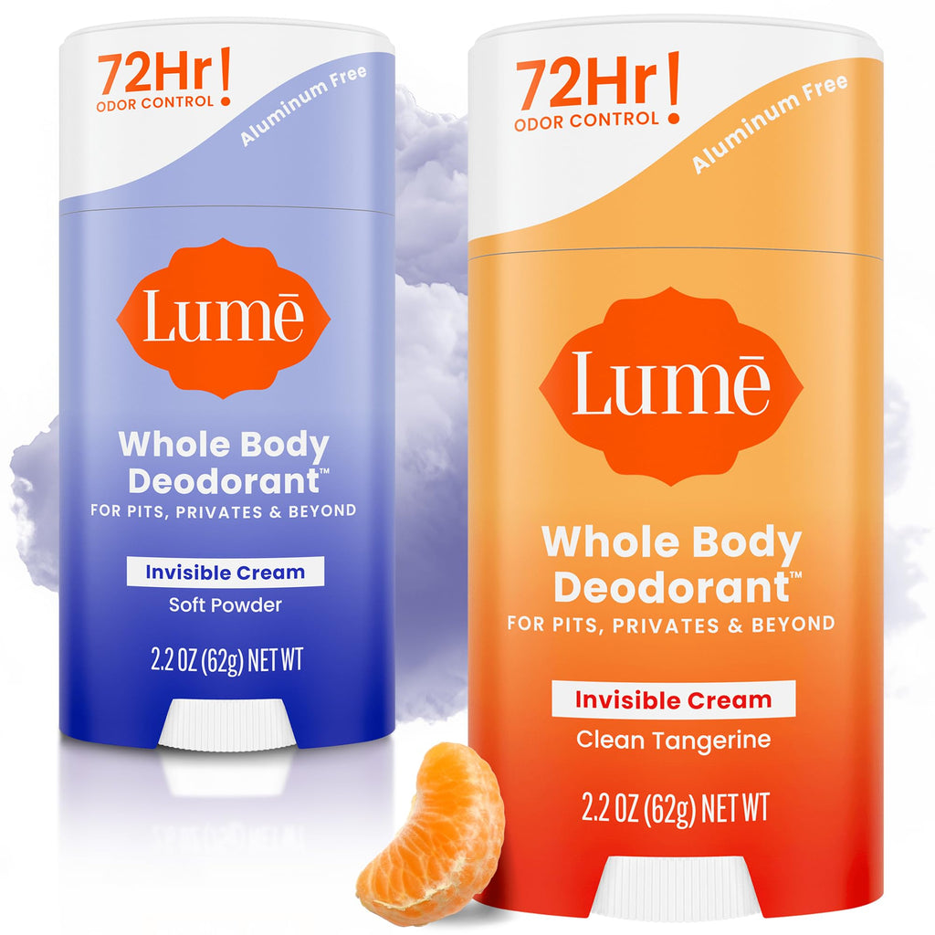 Lume Whole Body Deodorant - Invisible Cream Stick | 72HR Odor Control | Aluminum & Baking Soda Free | Soft Powder & Clean Tangerine | 2 Pack