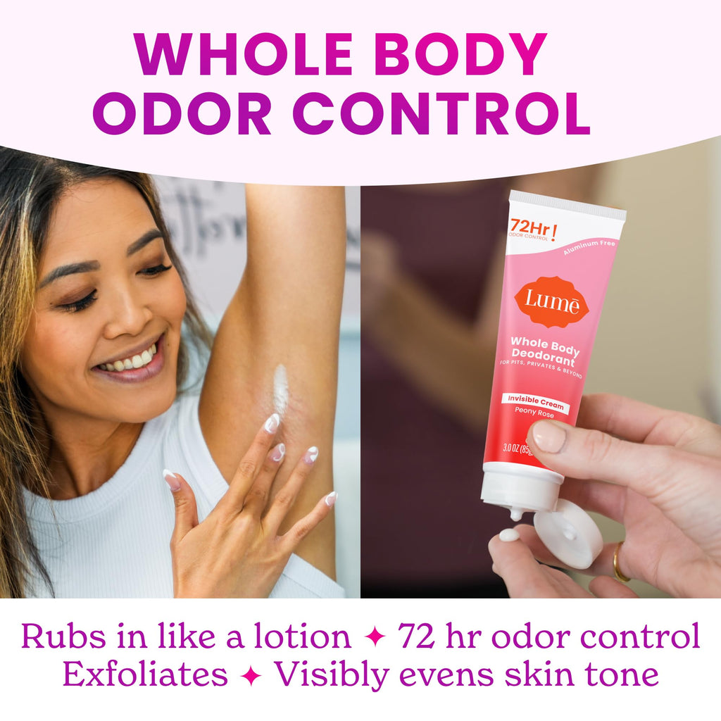 Lume Whole Body Deodorant - Peony Rose Invisible Cream - 72-Hour Odor Control - Aluminum & Baking Soda Free - 3.0 oz Pack of 2