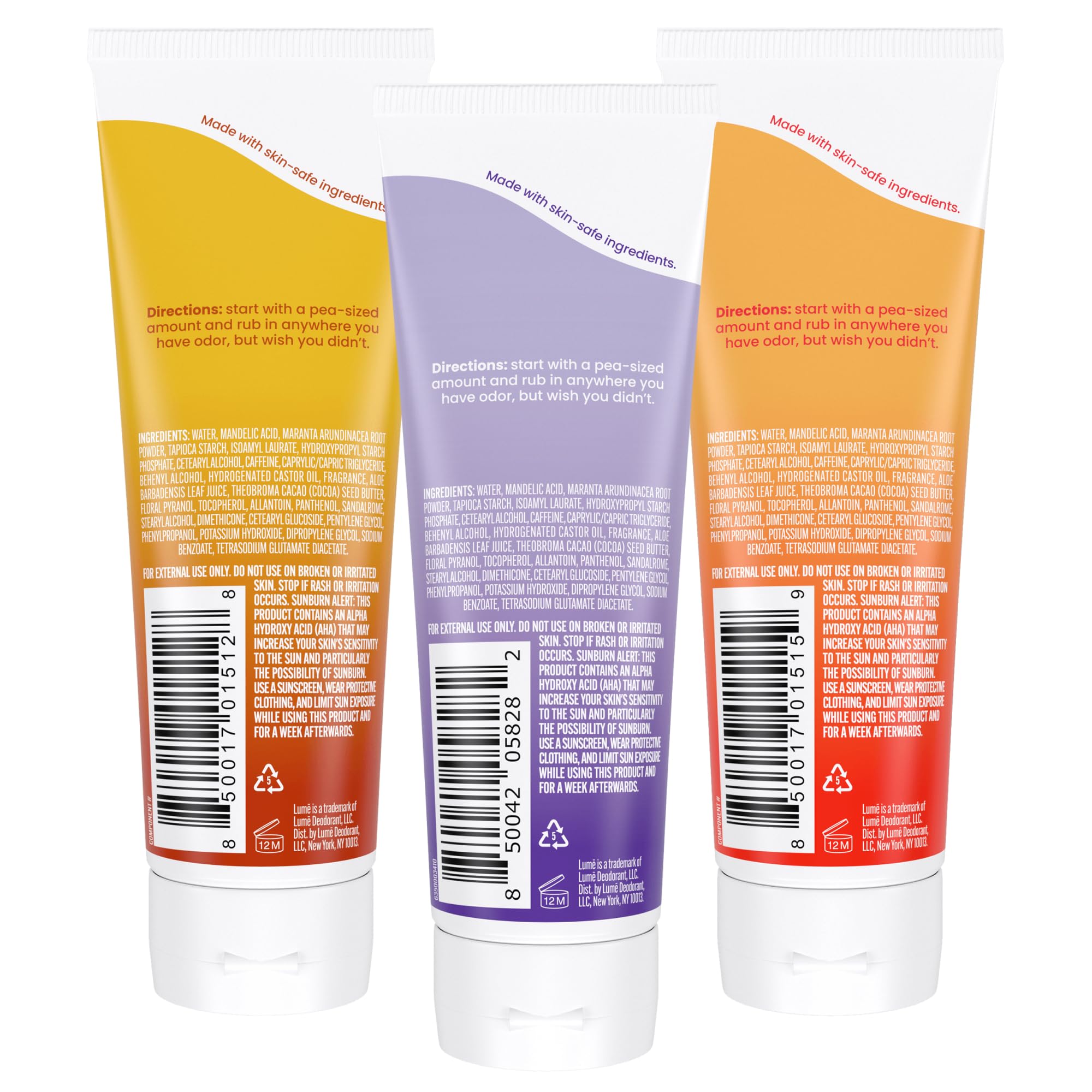 Lume Whole Body Deodorant Invisible Cream Tube Pack of 3 | 72-Hour Odor Control | Aluminum & Baking Soda Free | Toasted Coconut, Soft Powder & Clean Tangerine
