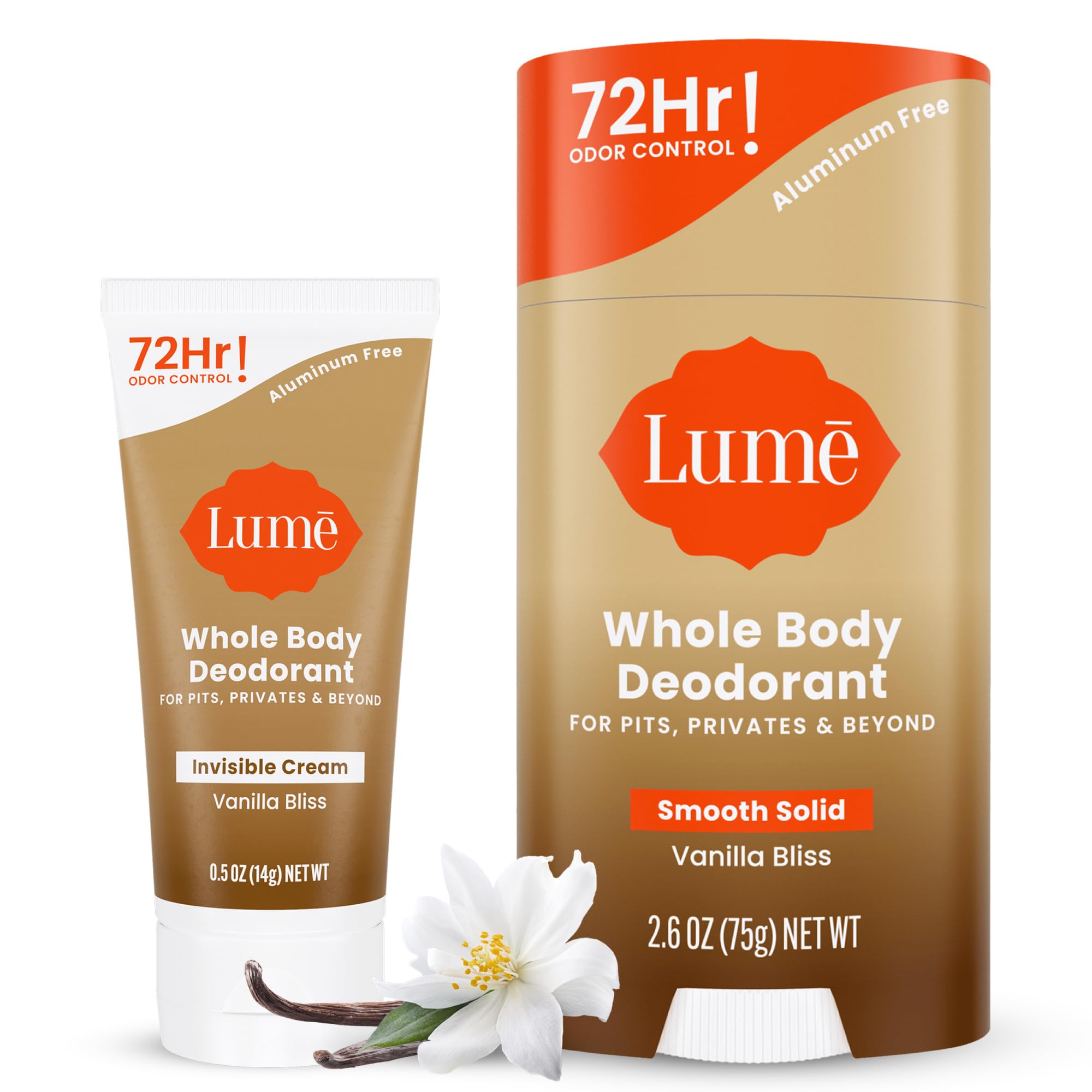 Lume Whole Body Deodorant Bundle – Invisible Cream Mini + Vanilla Bliss Solid Stick – 72-Hour Odor Control