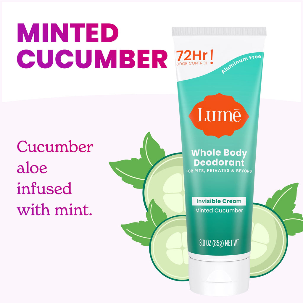Lume Whole Body Deodorant - Invisible Cream Tube | 72-Hour Odor Control | Minted Cucumber
