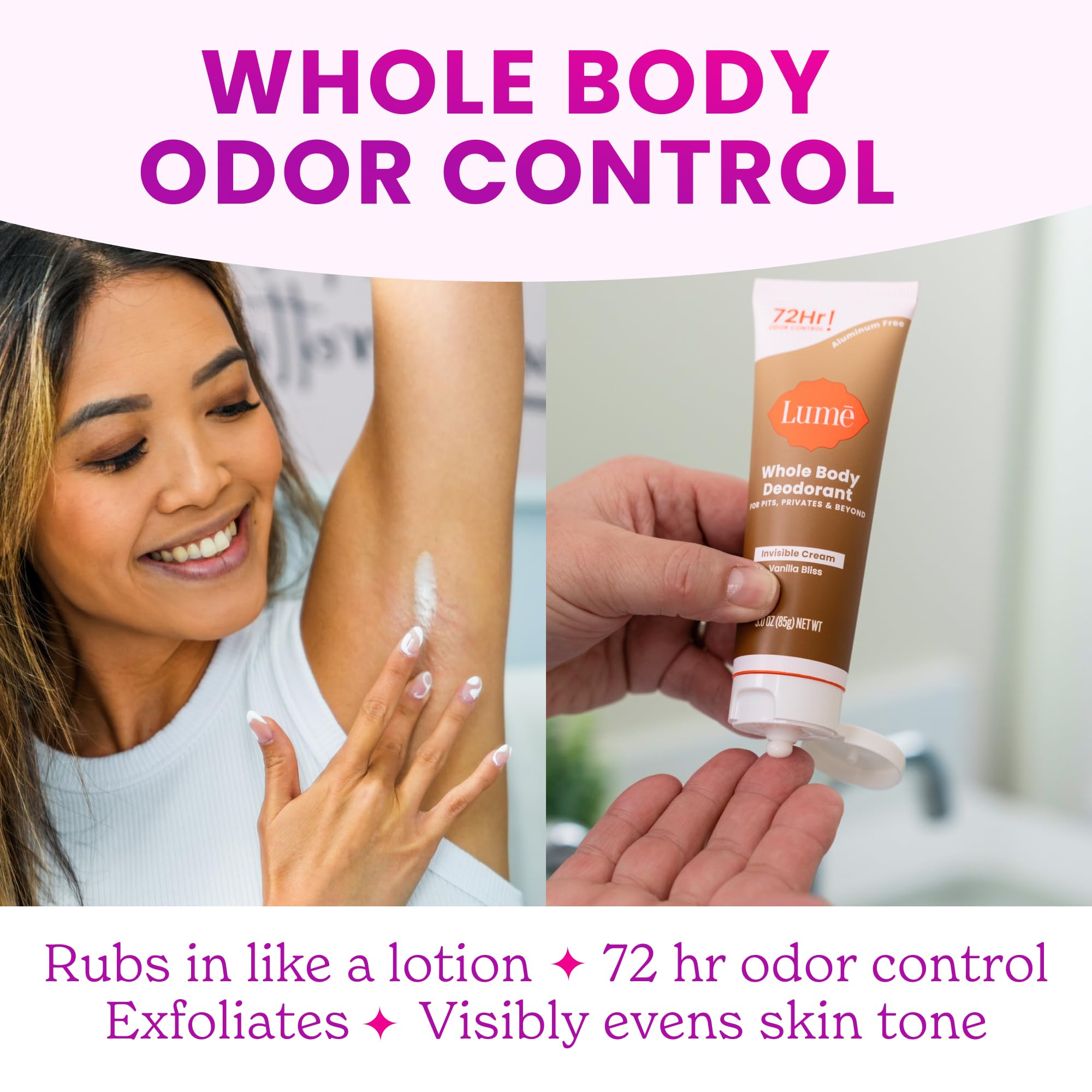 Lume Whole Body Deodorant - Invisible Cream Tube | 72-Hour Odor Control | Aluminum & Baking Soda Free | Vanilla Bliss