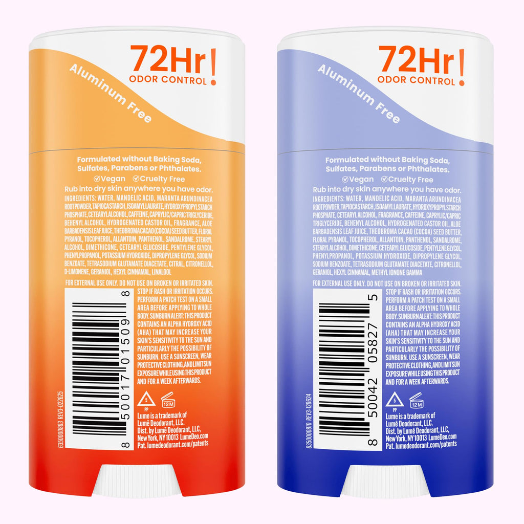 Lume Whole Body Deodorant - Invisible Cream Stick | 72HR Odor Control | Aluminum & Baking Soda Free | Soft Powder & Clean Tangerine | 2 Pack