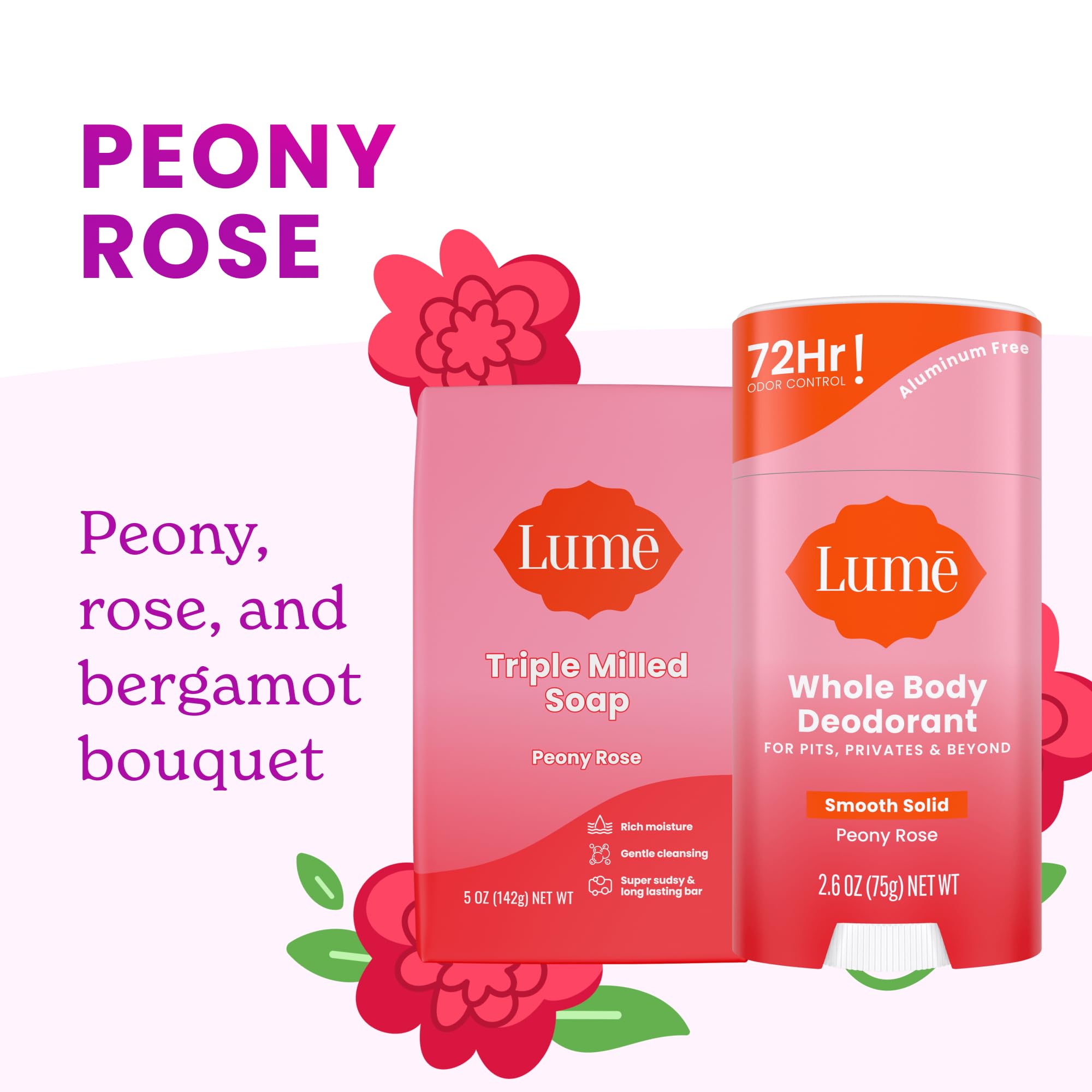 Lume Whole Body Deodorant & Soap Bundle — Peony Rose, Aluminum-Free, 2x 2.6 oz Deodorant + 2x 5 oz Soap