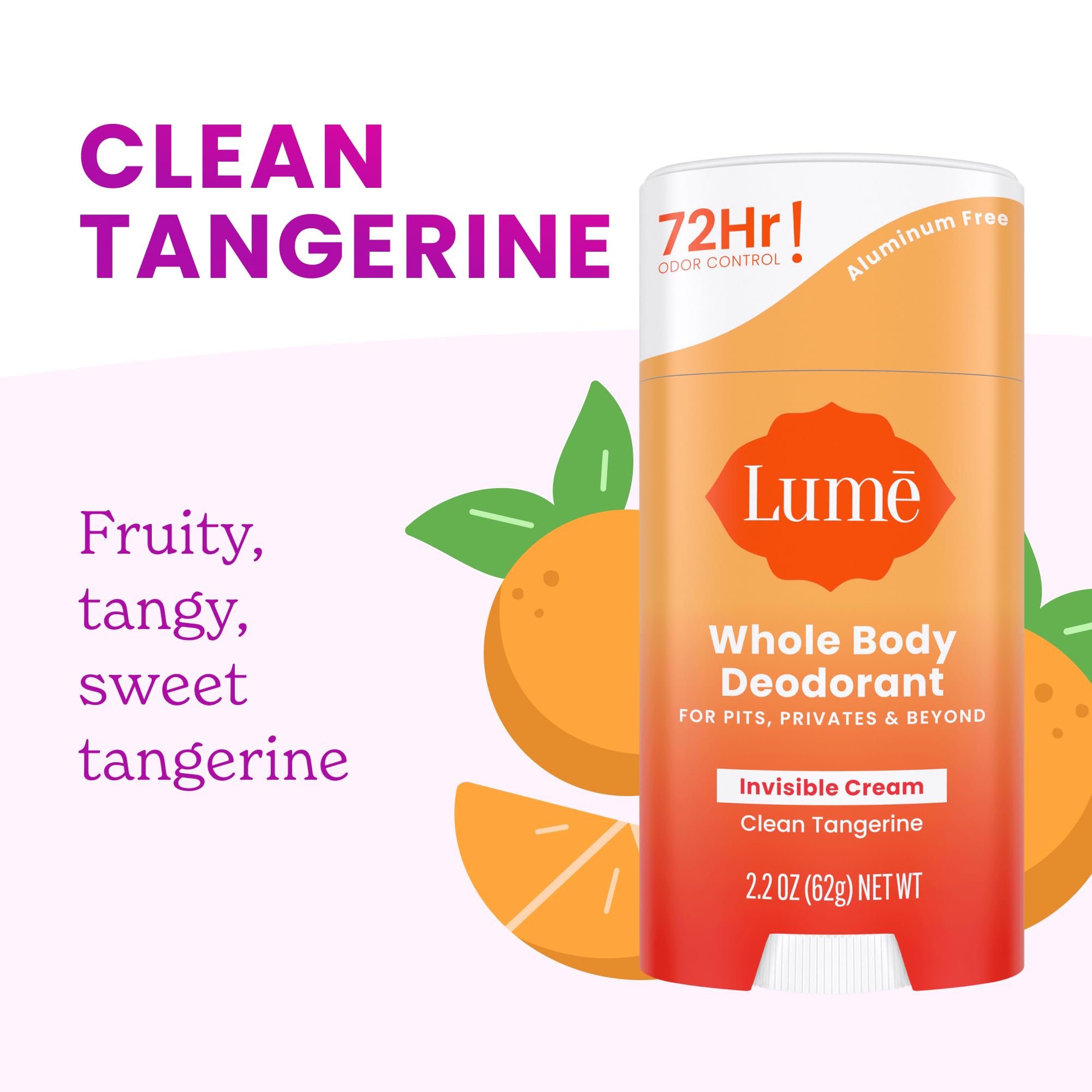 Lume Whole Body Deodorant - Invisible Cream Stick | 72HR Odor Control | Aluminum & Baking Soda Free | Soft Powder & Clean Tangerine | 2 Pack