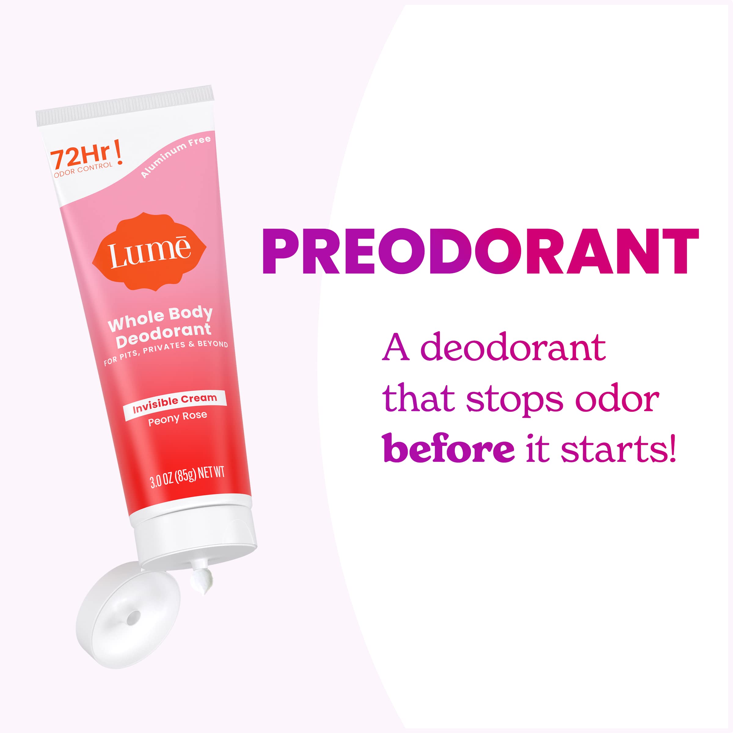 Lume Whole Body Deodorant – Peony Rose Invisible Cream Tube, 72-Hour Odor Control, Aluminum & Baking Soda Free