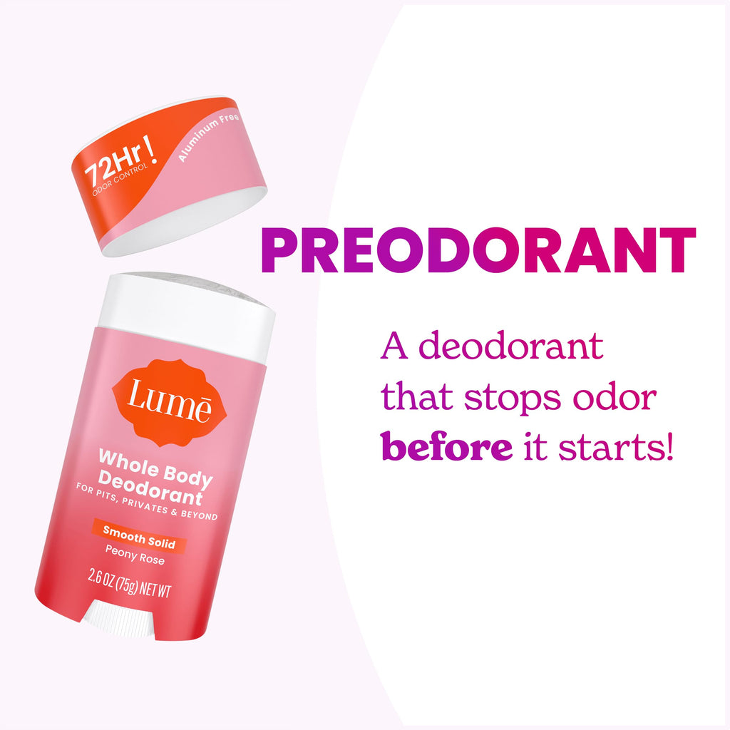 Lume Whole Body Deodorant – Smooth Solid Stick, Aluminum & Baking Soda Free, 72-Hour Odor Control, Peony Rose (3-Pack)
