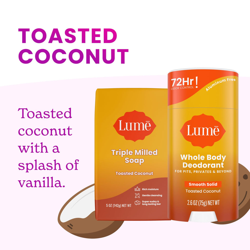 Lume Whole Body Deodorant & Soap – Aluminum-Free, Baking Soda Free, Toasted Coconut (2x 2.6 oz Sticks + 2x 5 oz Soaps)