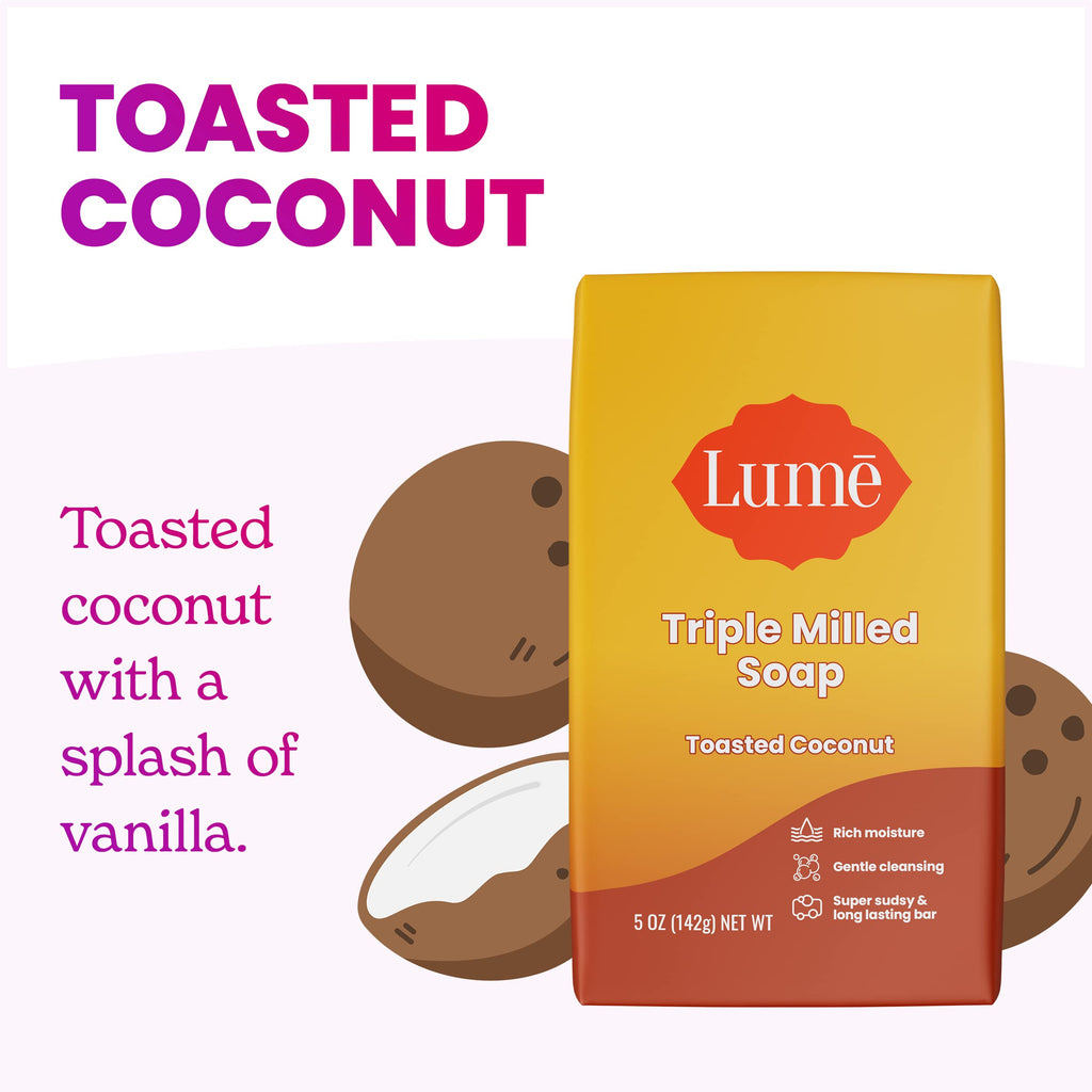Lume Triple Milled Bar Soap – Toasted Coconut, Rich Moisture, Paraben Free & Phthalate Free (5 oz x 4)