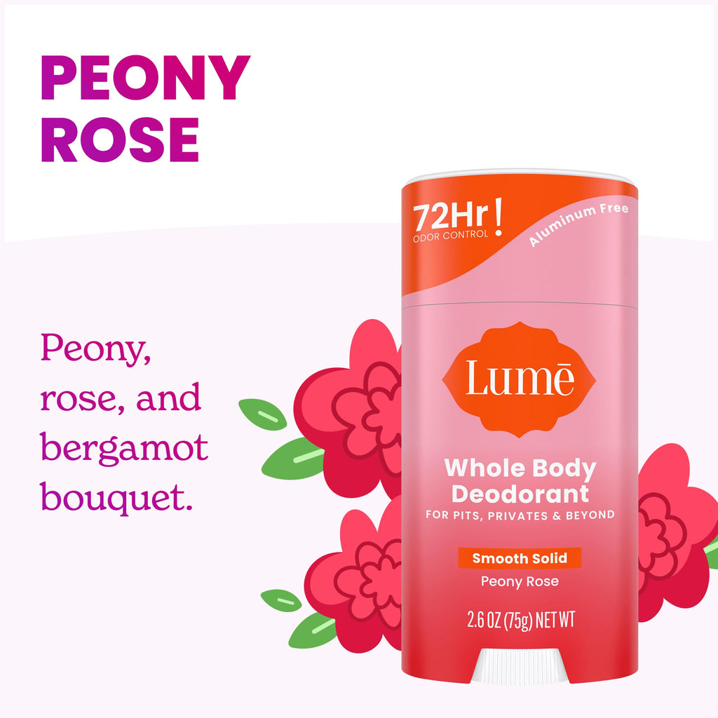 Lume Whole Body Deodorant – Smooth Solid Stick, Aluminum & Baking Soda Free, 72-Hour Odor Control, Peony Rose (3-Pack)