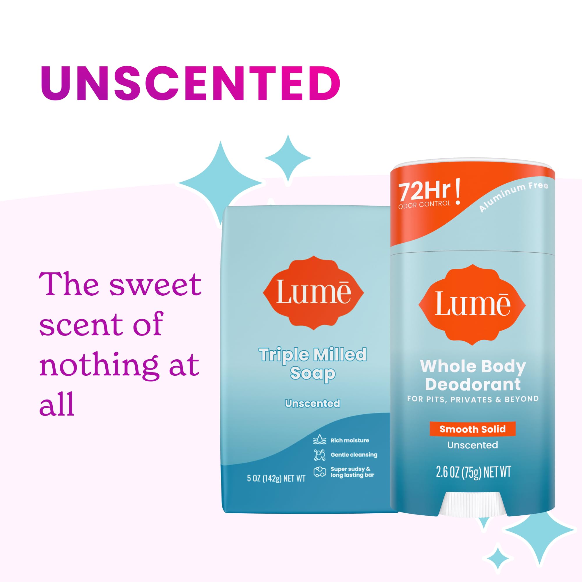 Lume Whole Body Deodorant & Soap Bundle – Unscented, Aluminum & Baking Soda Free