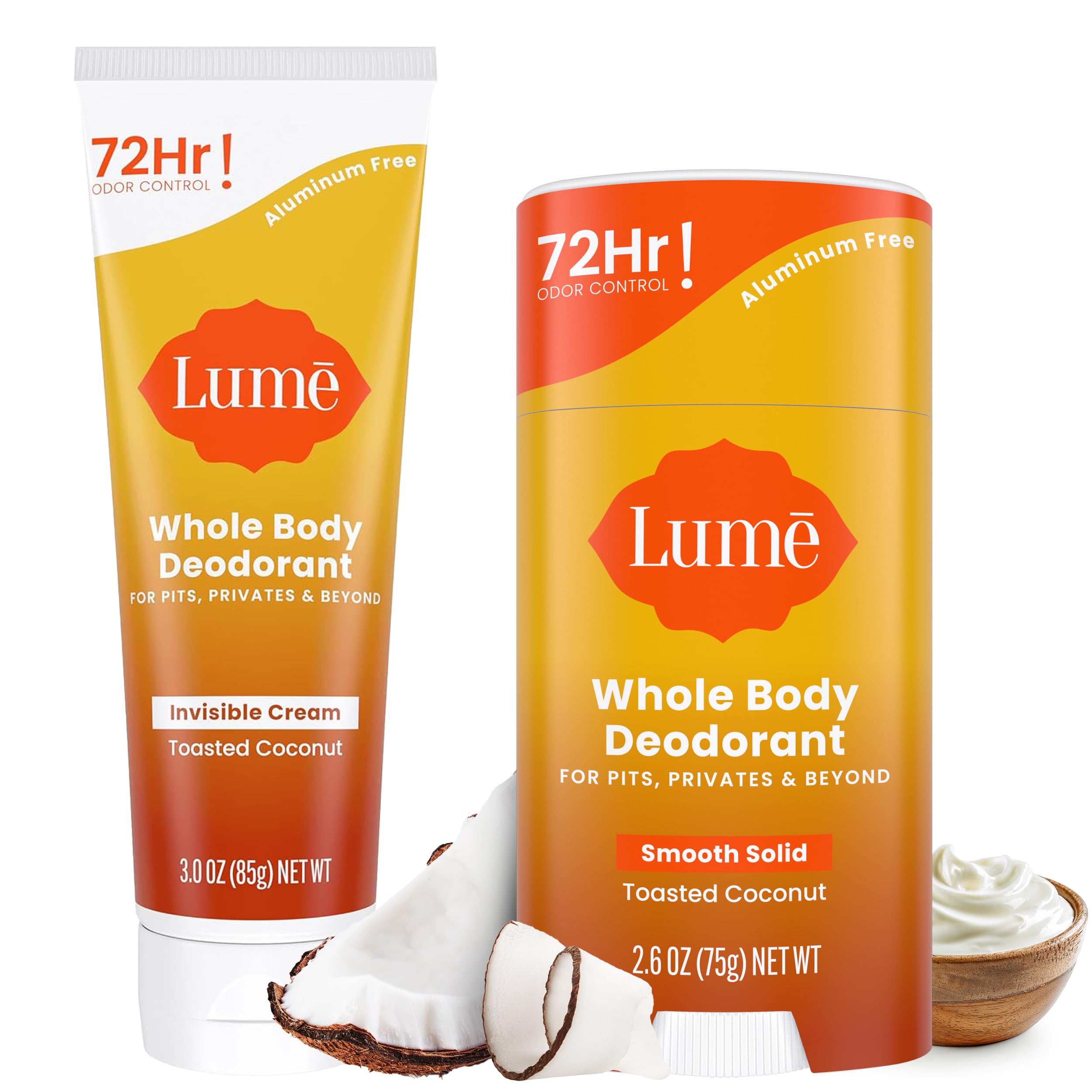 Lume Whole Body Deodorant – Aluminum Free, 72-Hour Odor Control – Toasted Coconut (Cream Tube + Solid Stick Bundle)