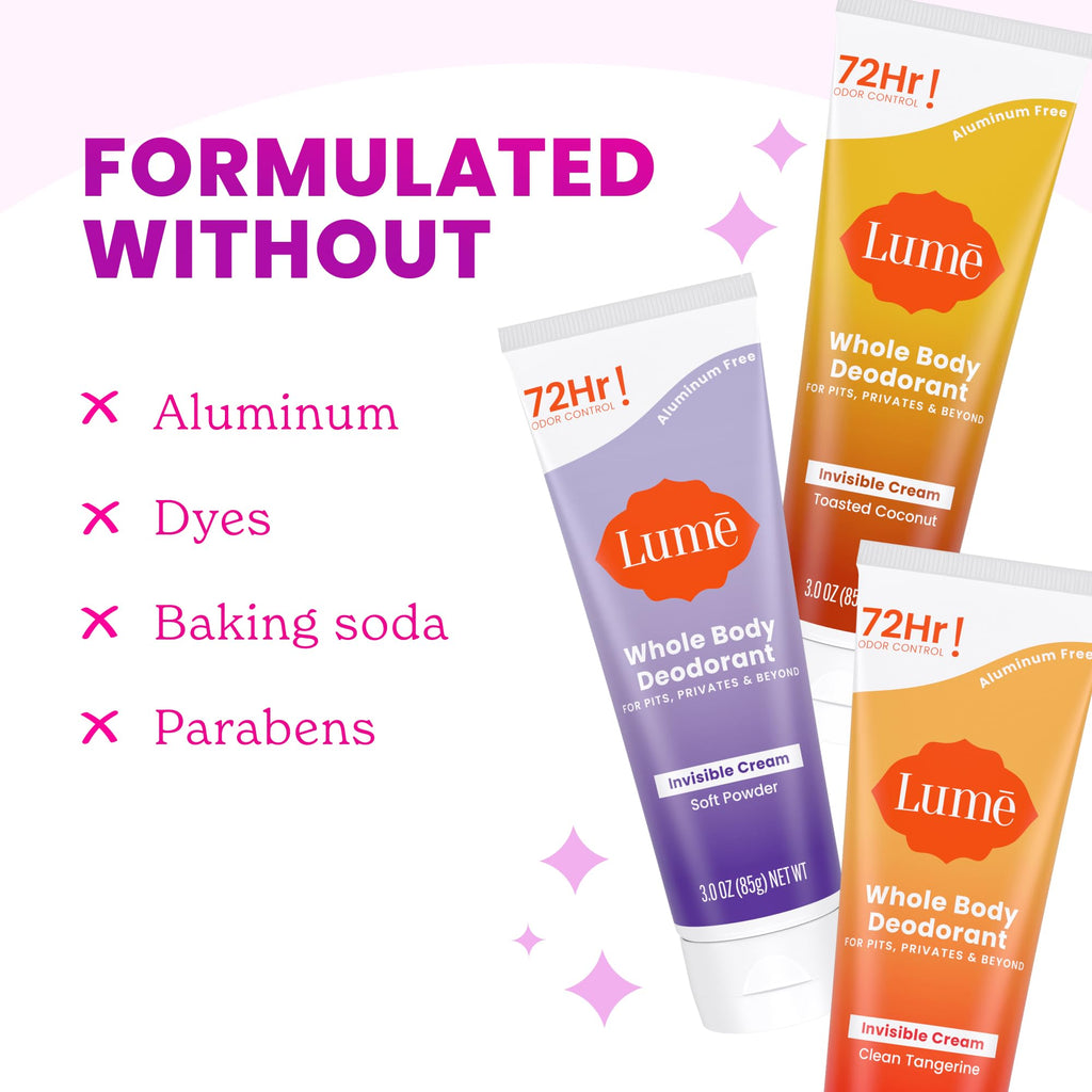 Lume Whole Body Deodorant Invisible Cream Tube Pack of 3 | 72-Hour Odor Control | Aluminum & Baking Soda Free | Toasted Coconut, Soft Powder & Clean Tangerine