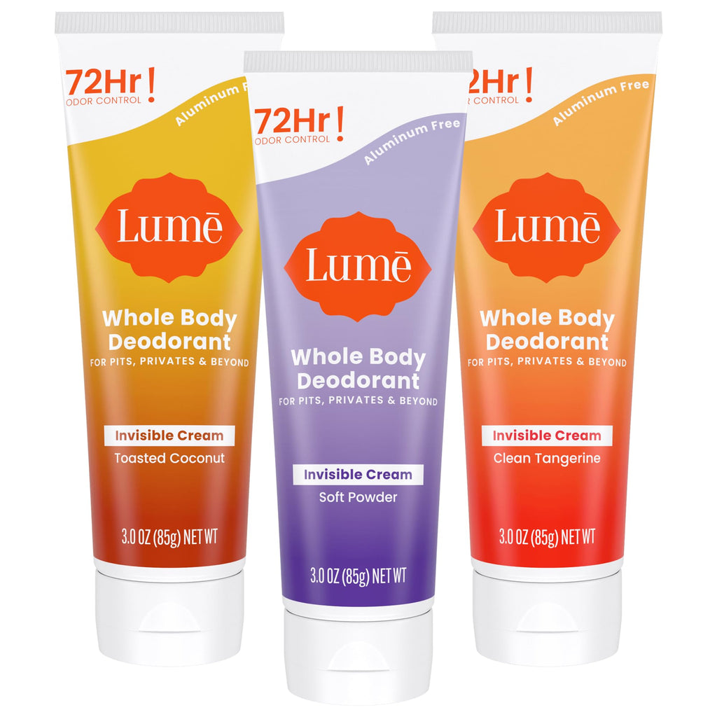 Lume Whole Body Deodorant Invisible Cream Tube Pack of 3 | 72-Hour Odor Control | Aluminum & Baking Soda Free | Toasted Coconut, Soft Powder & Clean Tangerine