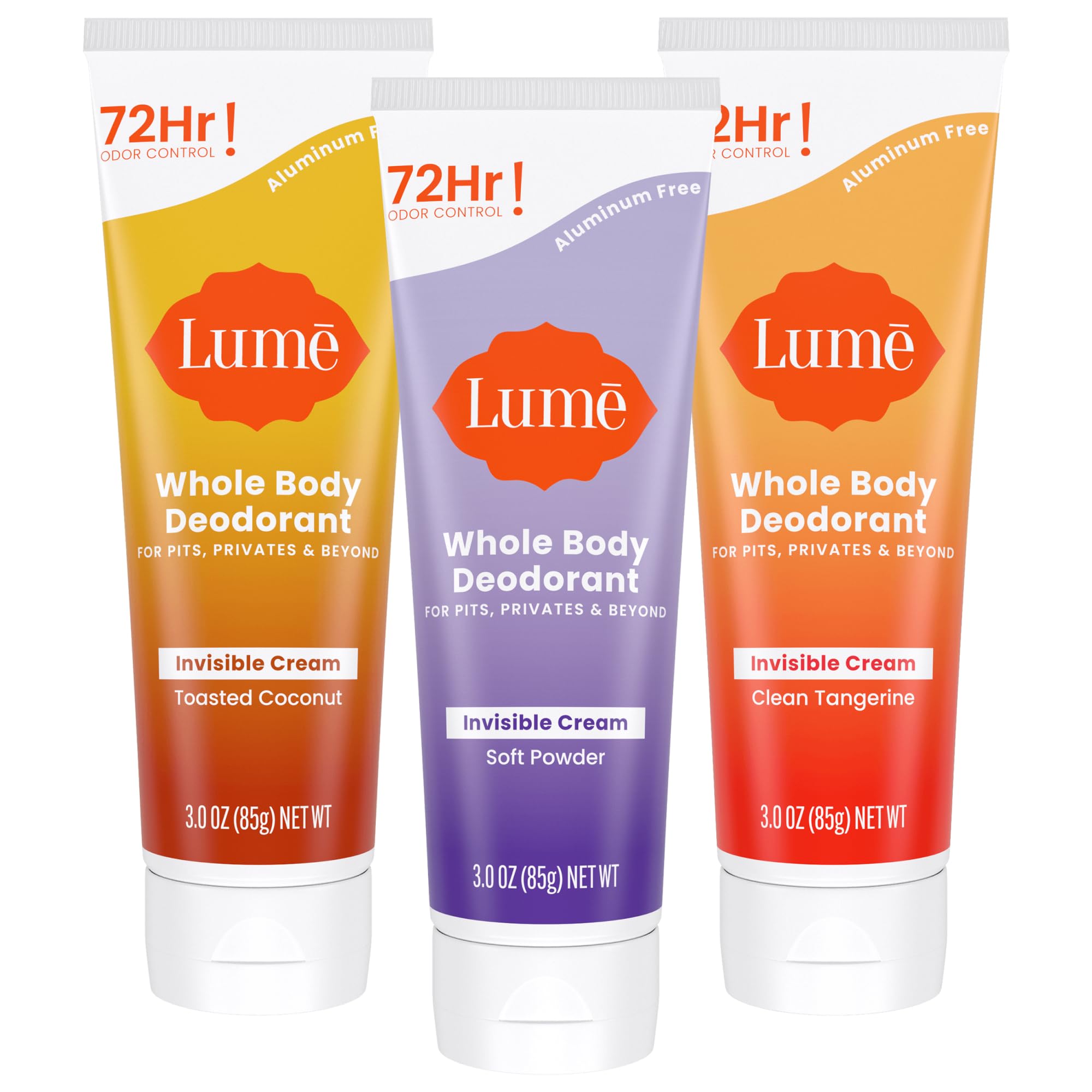 Lume Whole Body Deodorant Invisible Cream Tube Pack of 3 | 72-Hour Odor Control | Aluminum & Baking Soda Free | Toasted Coconut, Soft Powder & Clean Tangerine
