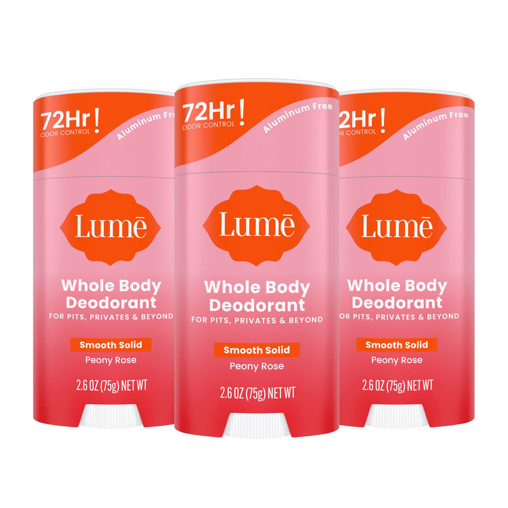 Lume Whole Body Deodorant – Smooth Solid Stick, Aluminum & Baking Soda Free, 72-Hour Odor Control, Peony Rose (3-Pack)