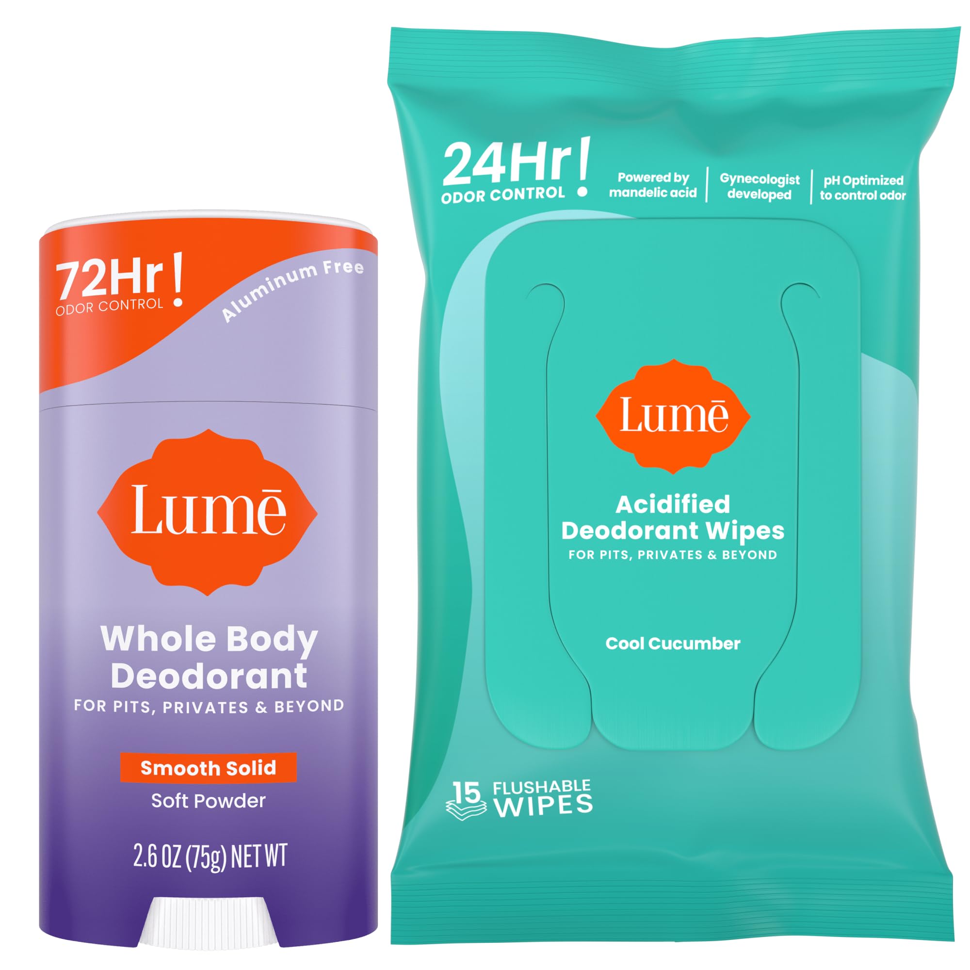 Lume Whole Body Deodorant – Doctor Developed, Smooth Powder Stick & Flushable Wipes (Aluminum & Baking Soda Free)