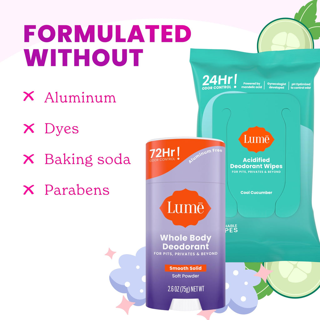 Lume Whole Body Deodorant – Doctor Developed, Smooth Powder Stick & Flushable Wipes (Aluminum & Baking Soda Free)