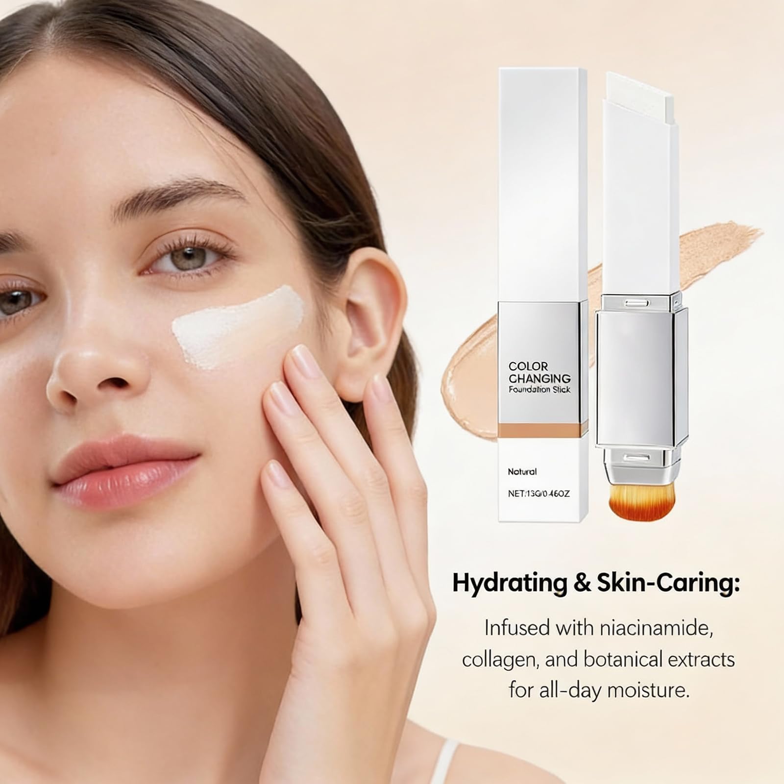 Lumine Skin Color-Changing Foundation Stick with Dual-Ended Brush – Hydrating, Buildable Coverage (Ivory White)