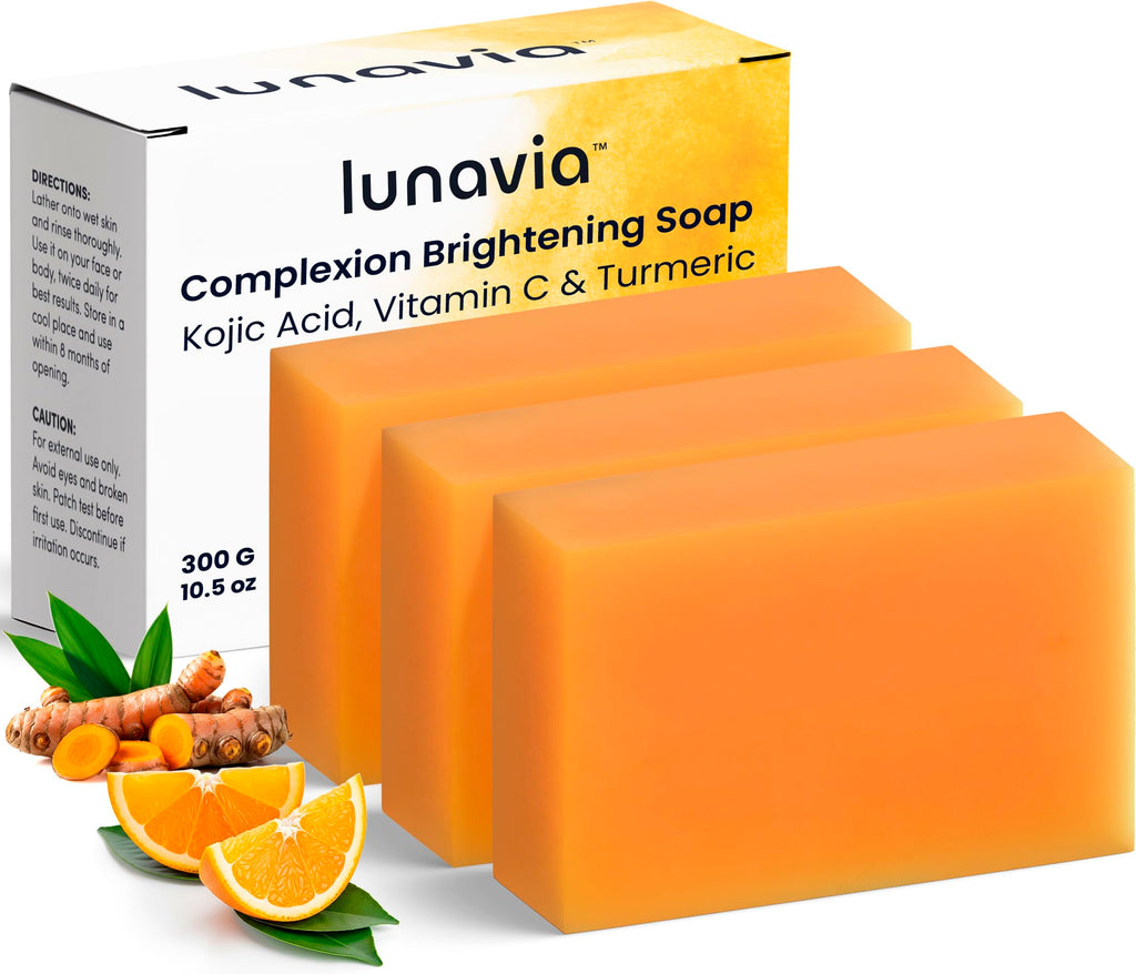 Lunavia Kojic Acid Complexion Brightening Soap Bar – 3-Pack with Vitamin C, Turmeric, Retinol, Collagen & Hyaluronic Acid