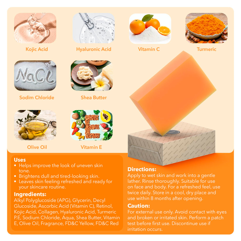 Lunavia Kojic Acid Complexion Brightening Soap Bar – 3-Pack with Vitamin C, Turmeric, Retinol, Collagen & Hyaluronic Acid