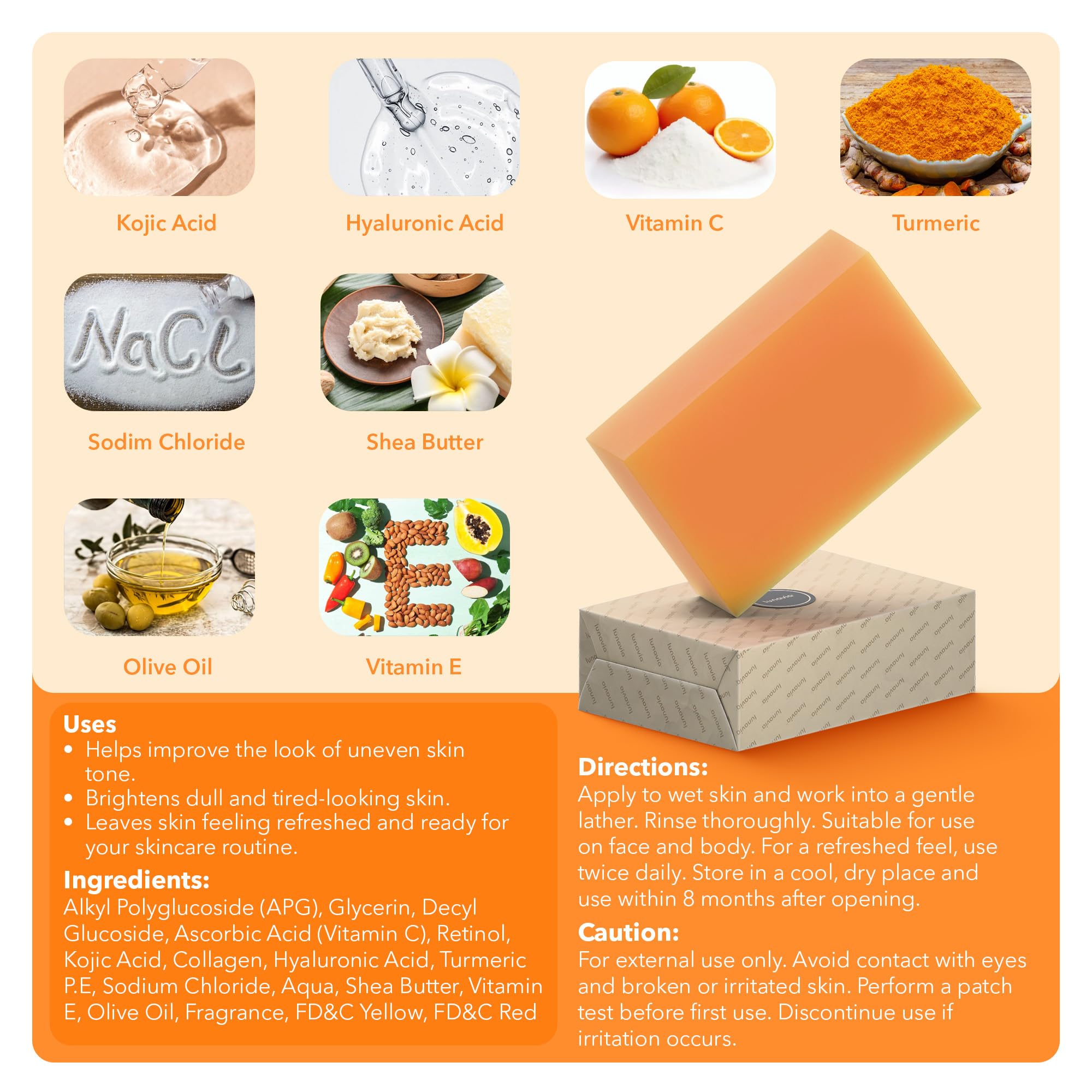 Lunavia Kojic Acid Complexion Brightening Soap Bar – 3-Pack with Vitamin C, Turmeric, Retinol, Collagen & Hyaluronic Acid