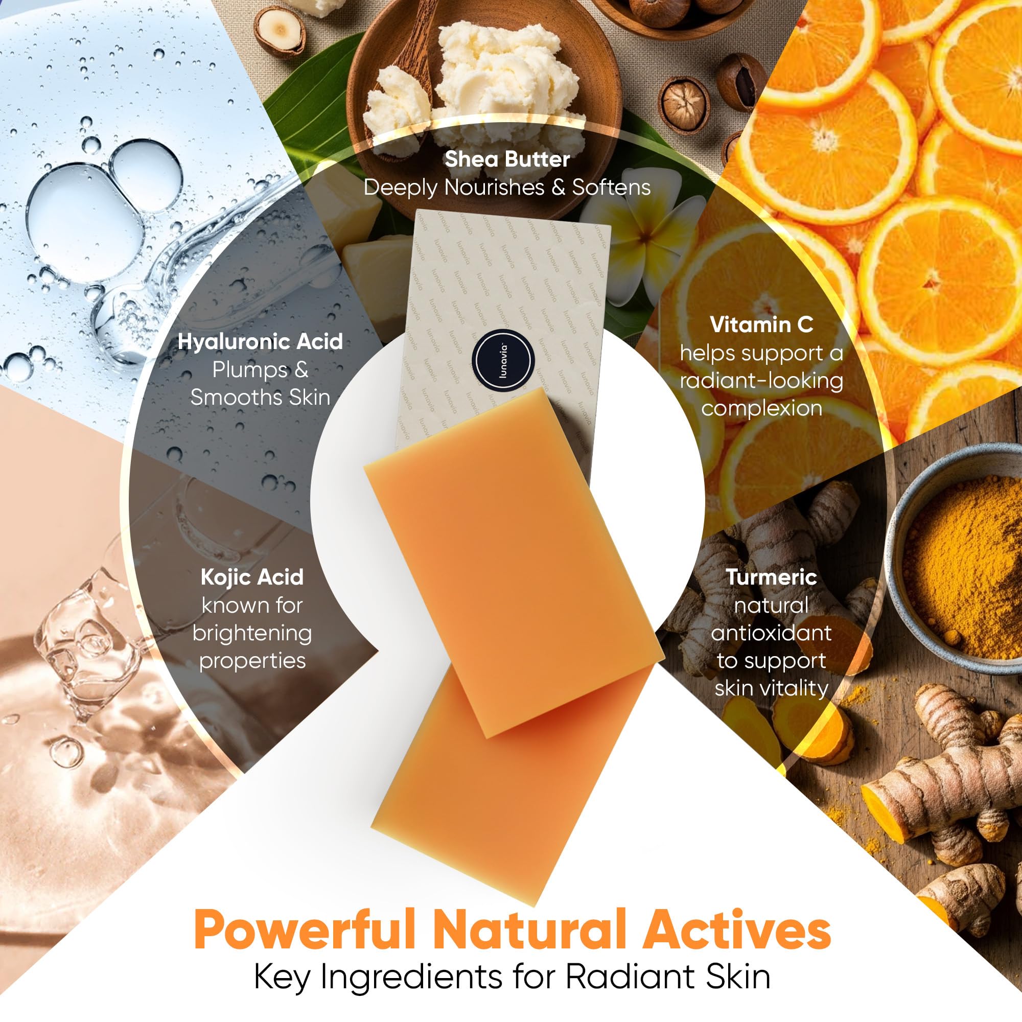 Lunavia Kojic Acid Complexion Brightening Soap Bar – 3-Pack with Vitamin C, Turmeric, Retinol, Collagen & Hyaluronic Acid