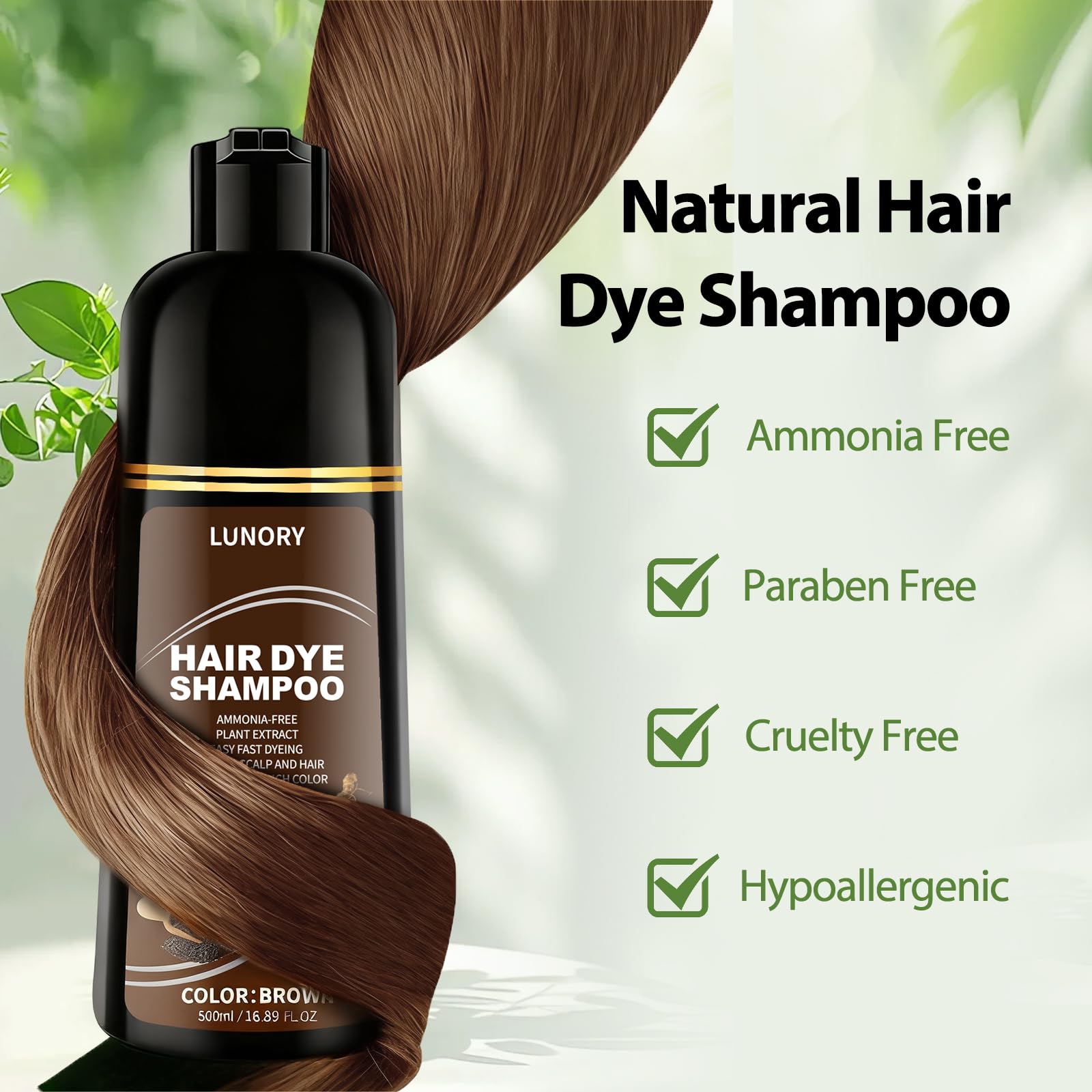 Lunory Brown Hair Dye Shampoo – 3-in-1 Gray Coverage, Argan Oil & Ginseng, Ammonia-Free (500ml)