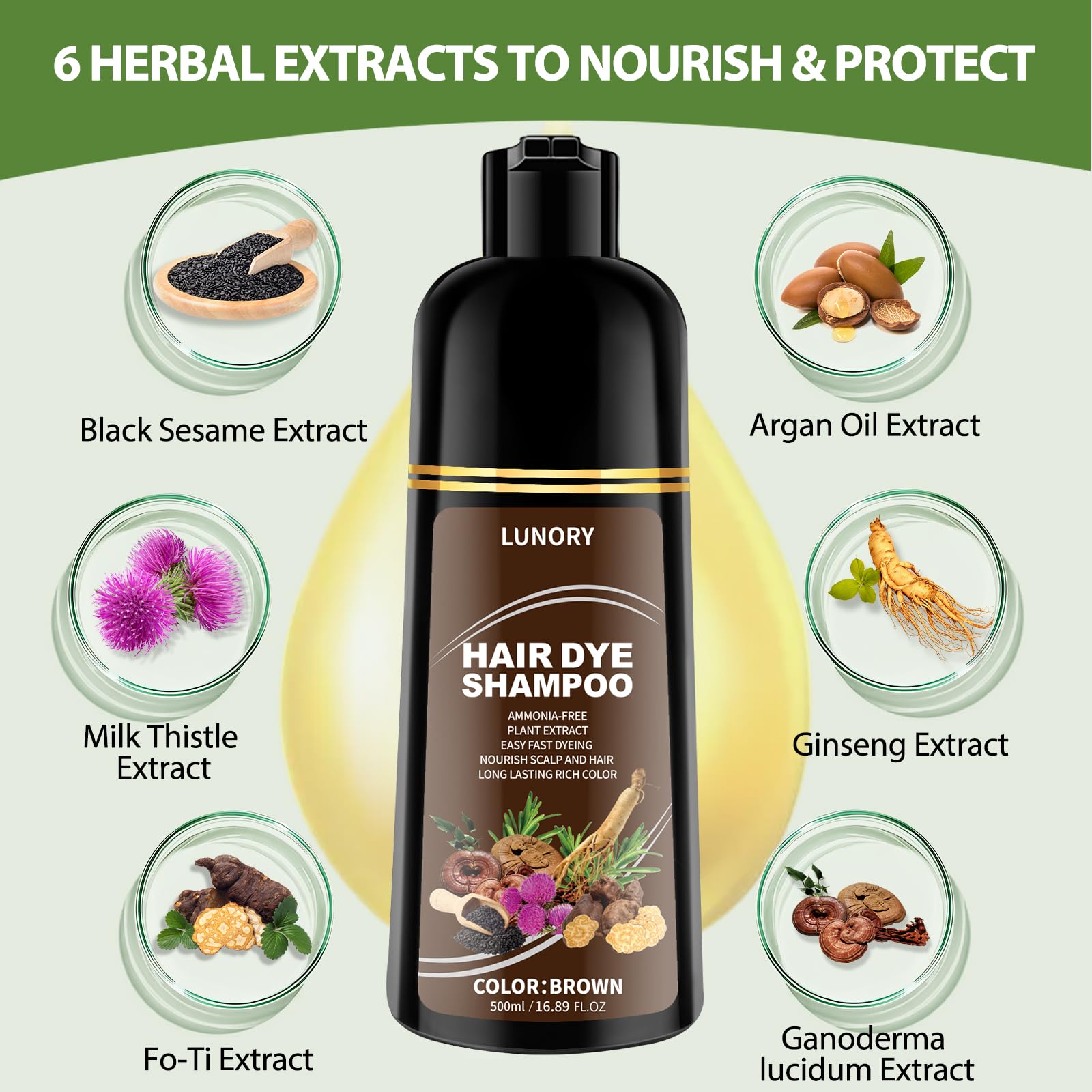 Lunory Brown Hair Dye Shampoo – 3-in-1 Gray Coverage, Argan Oil & Ginseng, Ammonia-Free (500ml)
