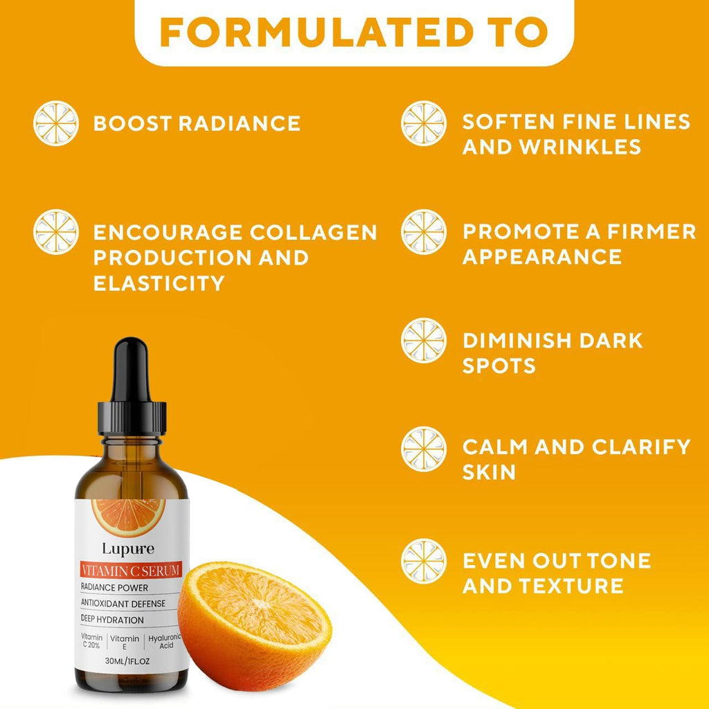 Lupure Professional Vitamin C Serum 20% - Hyaluronic Acid & Vitamin E for Brightening | 1 oz
