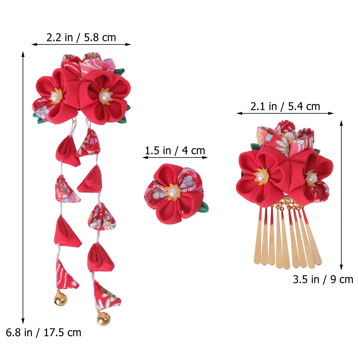 Lurrose 3pc Japanese Kimono Flower Hair Clips – Tassel Hairpins, Red