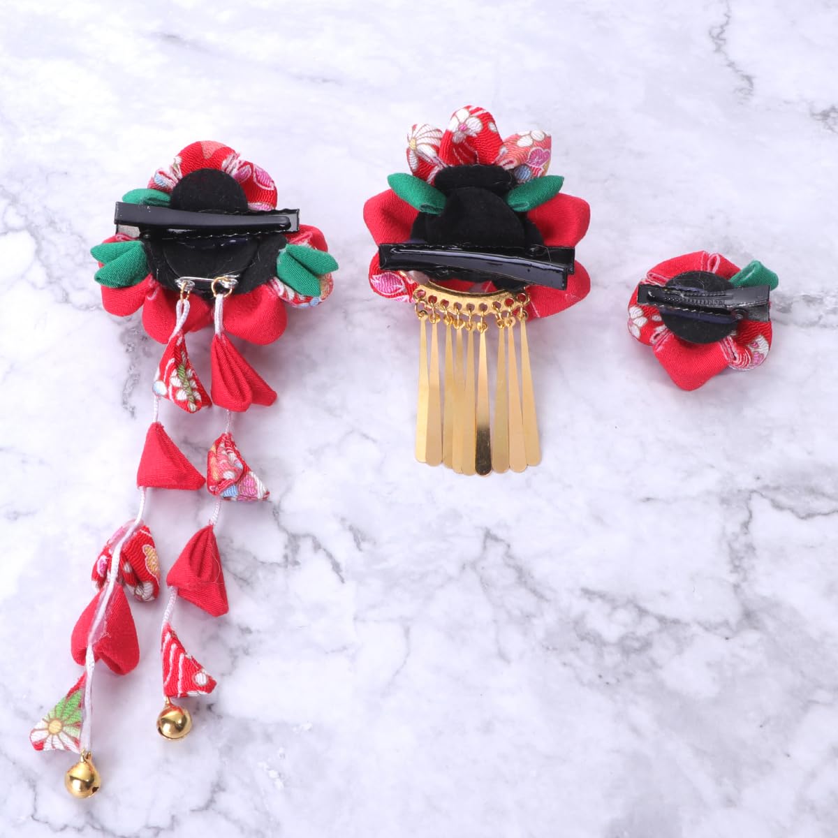 Lurrose 3pc Japanese Kimono Flower Hair Clips – Tassel Hairpins, Red