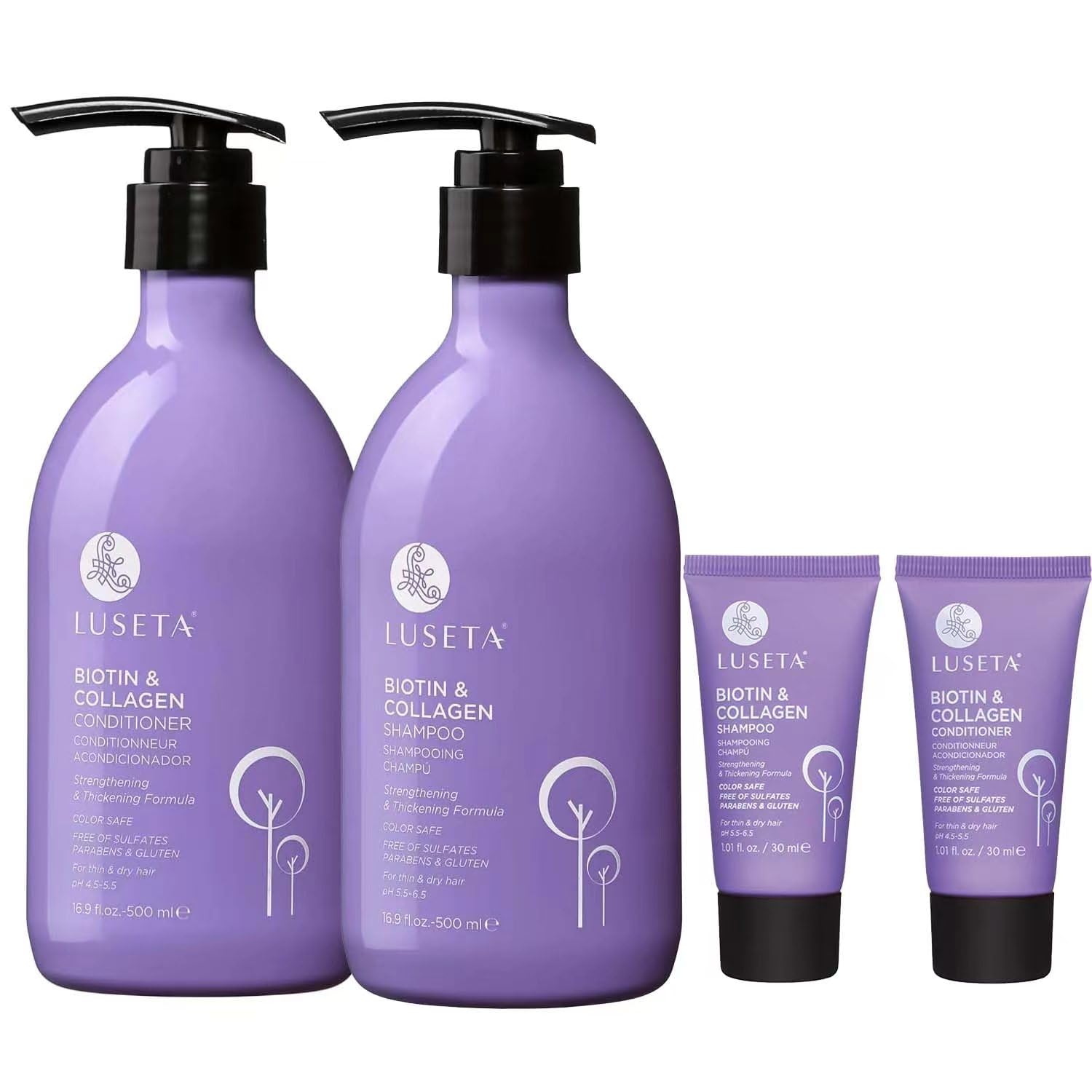 Luseta Biotin Shampoo & Conditioner Set with Argan Oil – Strength, Growth & Thickening (2x16.9 oz + 2x1.01 oz)