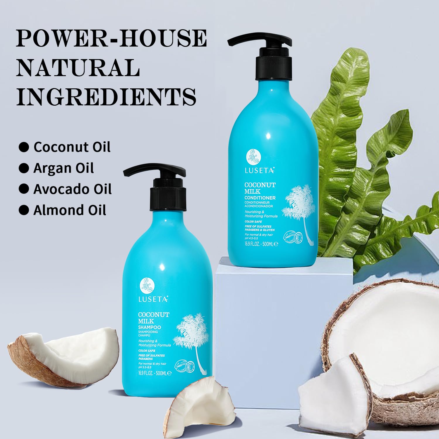 LLUSETA Coconut Milk Shampoo & Conditioner — Nourishing, Color Safe, Sulfate Free (16.9 oz Each)